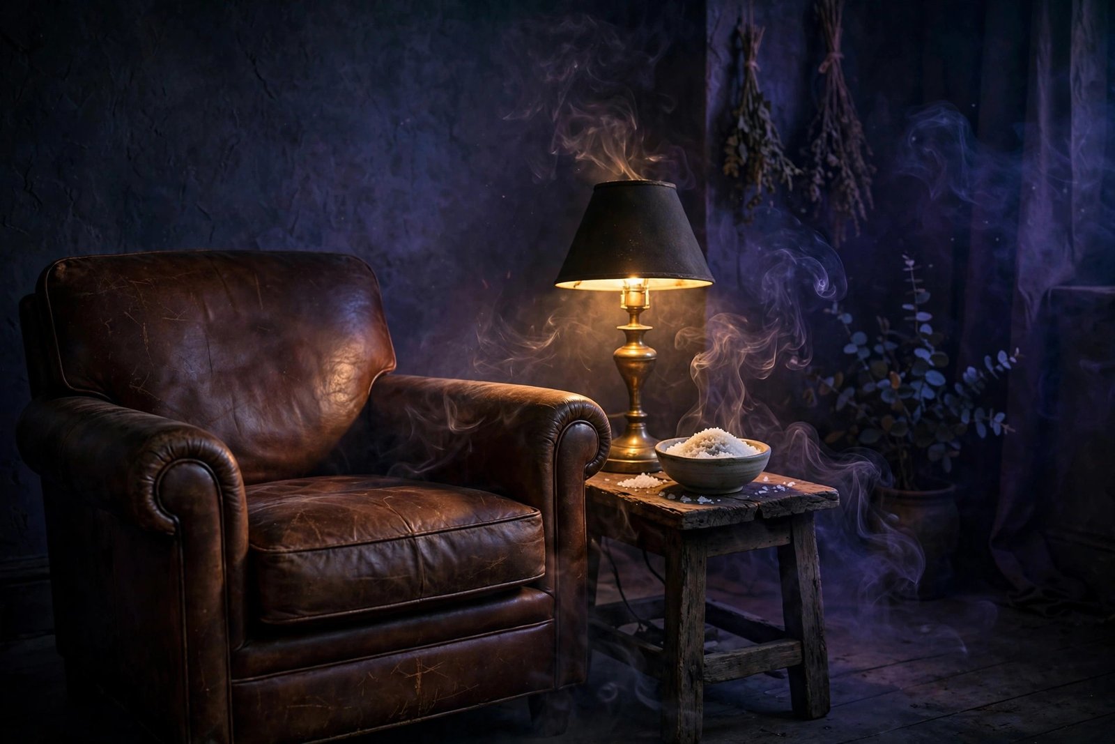 How to clear negative energy from leather couch or armchair: smoke-free cleansing ritual beside a dark leather armchair