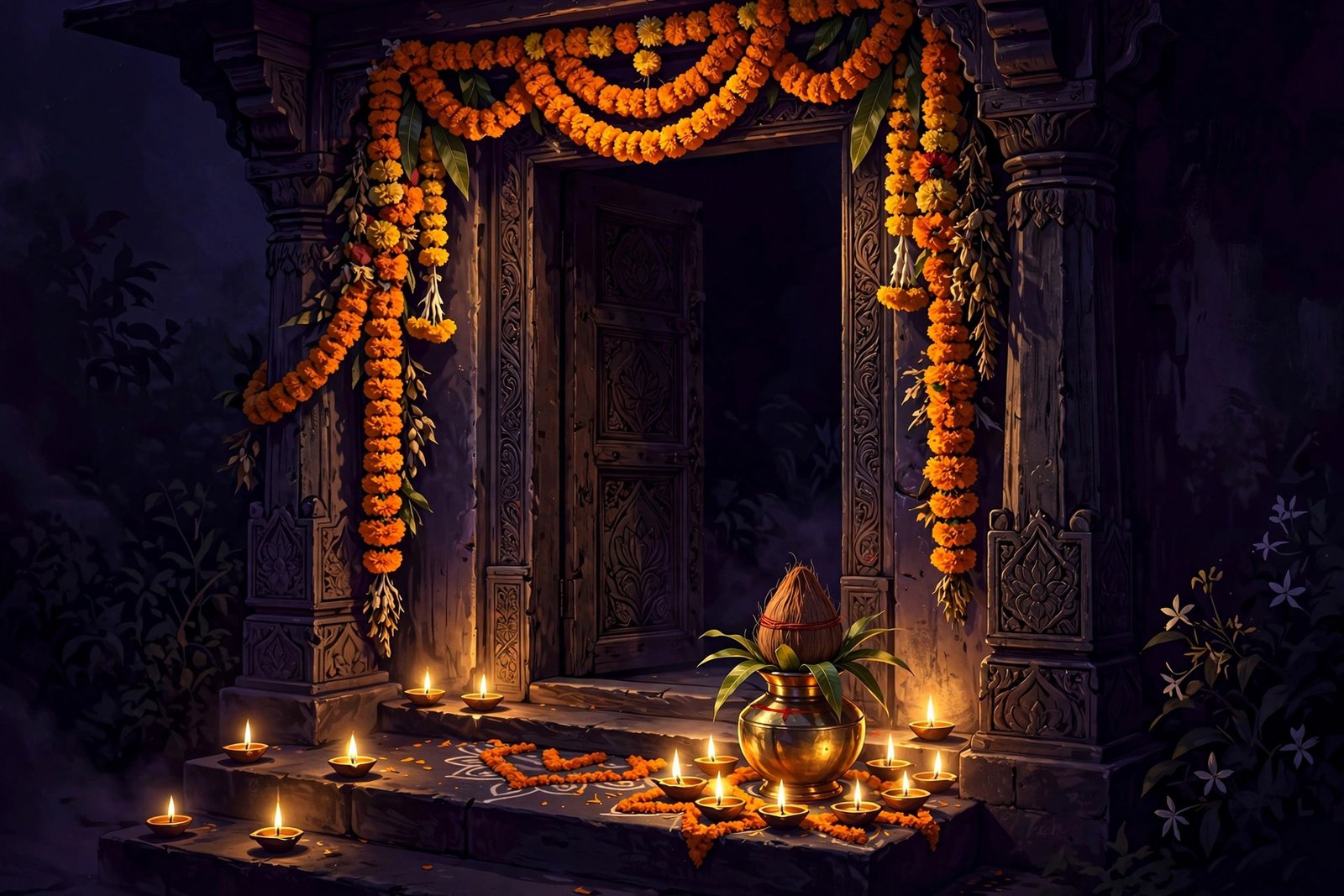 नवरात्रि में कलश स्थापना, जलते दीये और गेंदे के फूलों से सजा घर — नवरात्रि घर में पॉज़िटिव एनर्जी के उपाय