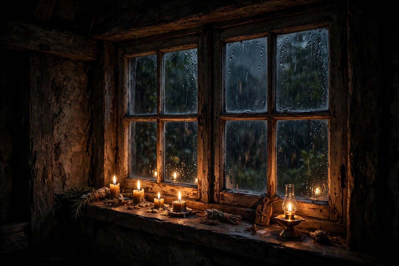 Hands drawing a thin line of mustard oil along a wooden window sill at dusk, illustrating the spiritual protection ritual for sealing window sills with oil