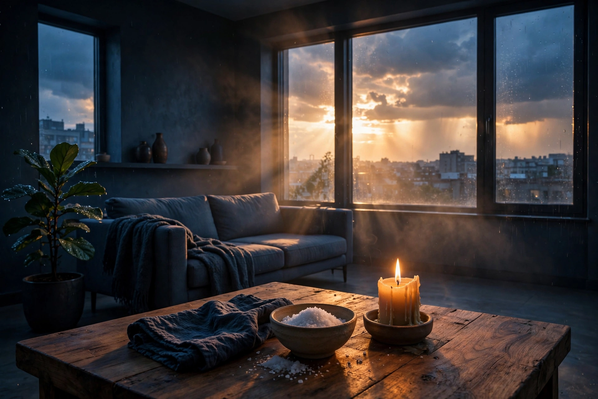 How to reset apartment energy after noisy neighbors leave: calm living room with candle and salt bowl