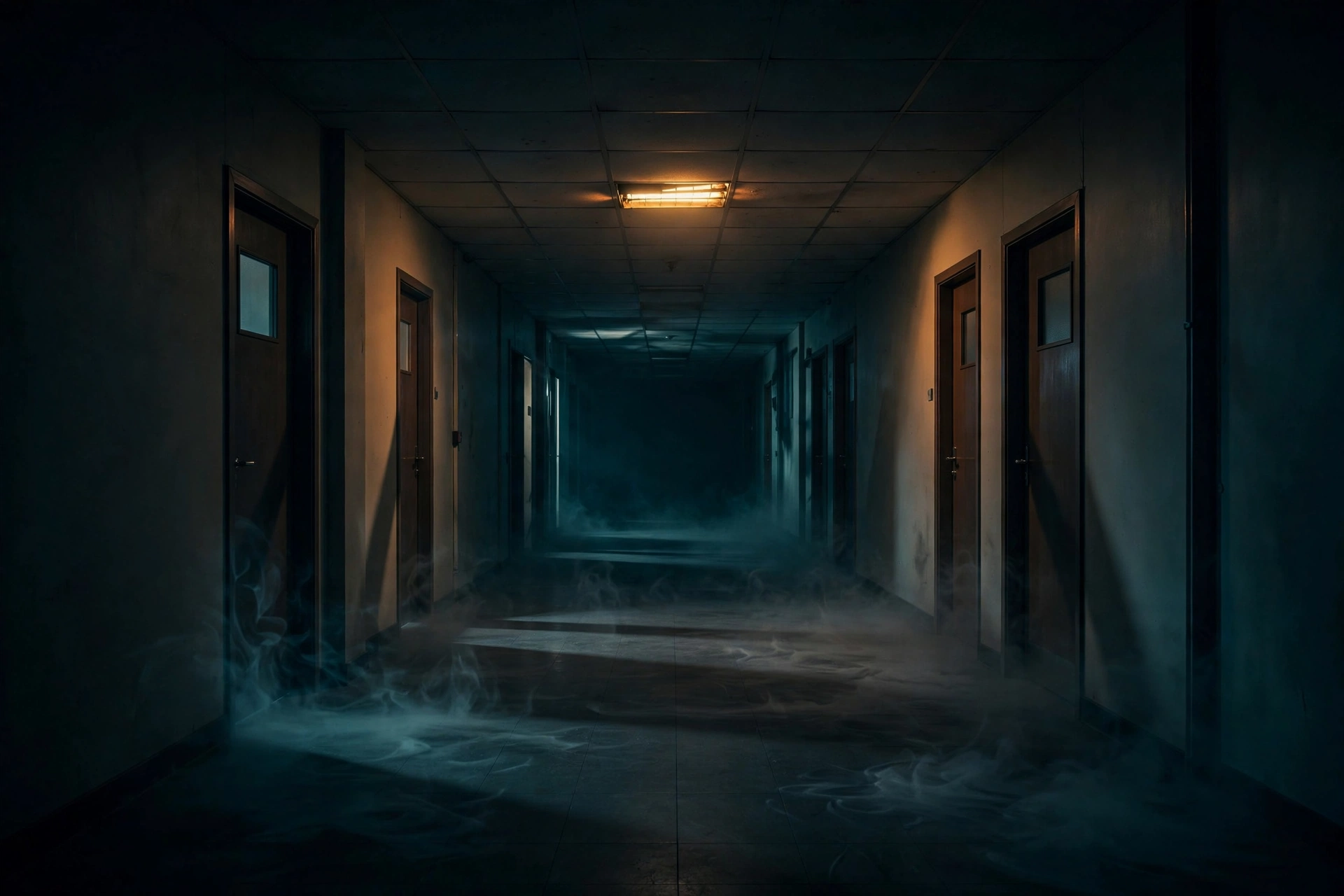 Signs of negative entity infestation in commercial building: empty office corridor at night
