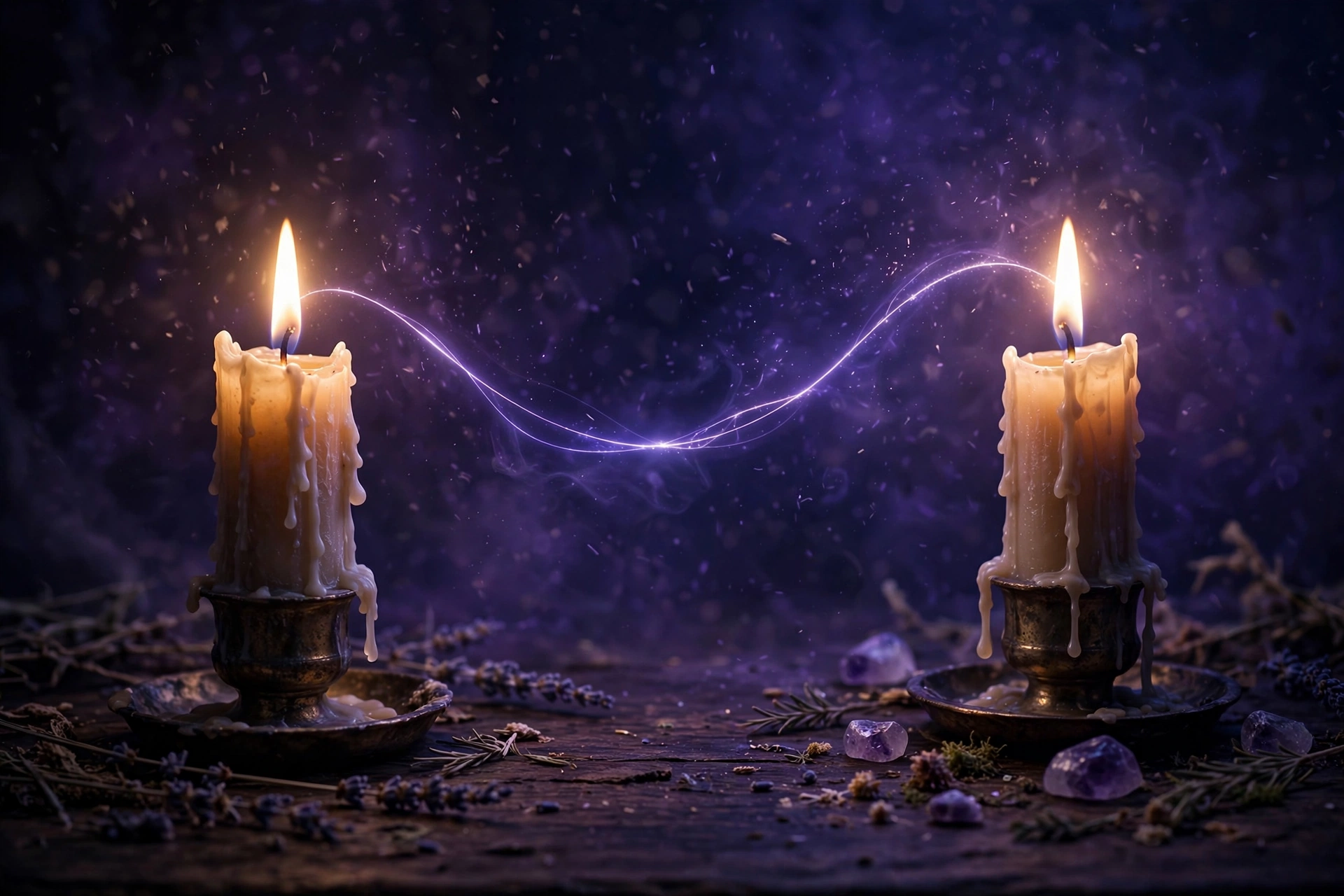 Cord cutting ritual — two candles joined by a glowing cord of light