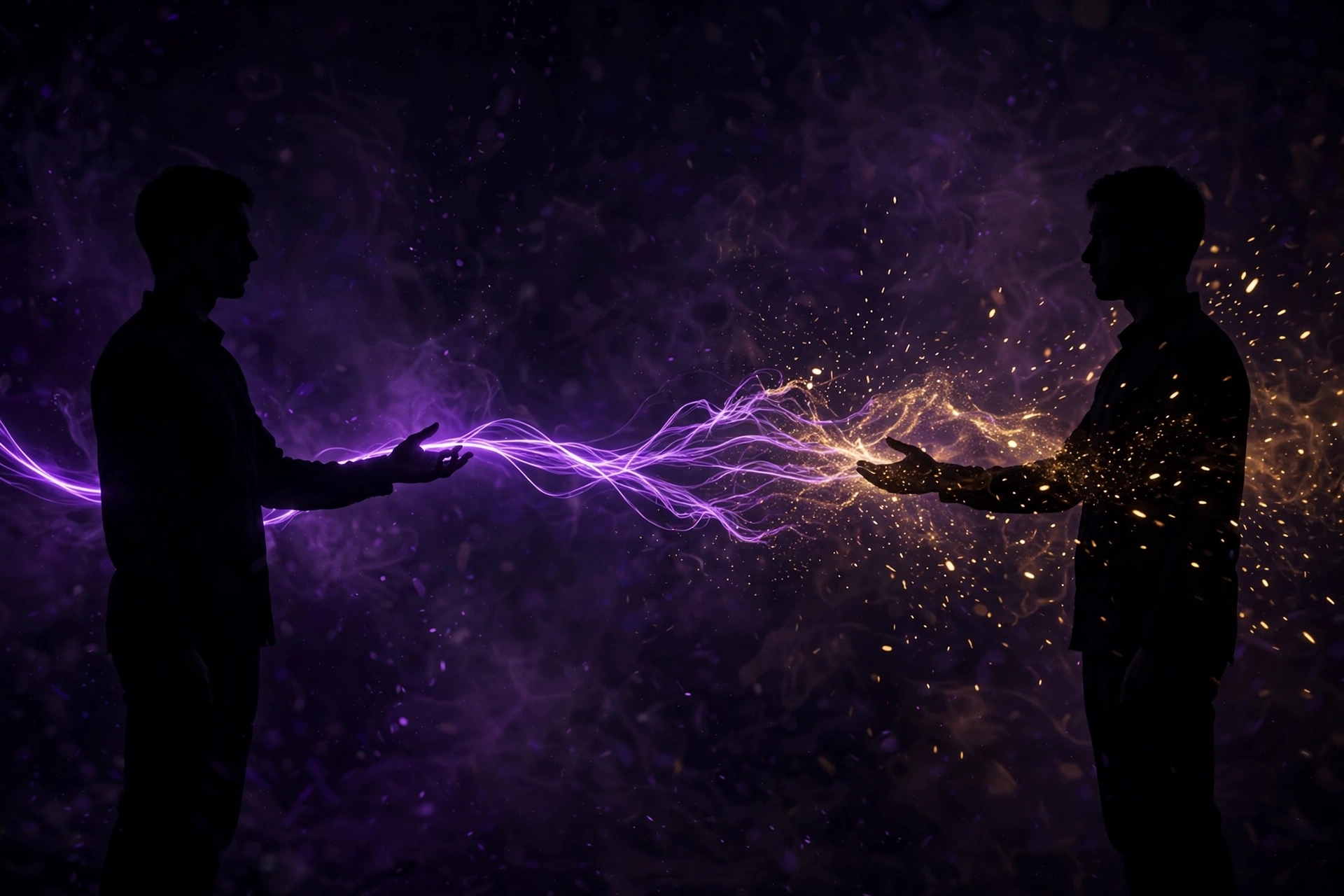 Cord cutting ritual — energetic cord fraying and dissolving between two silhouettes