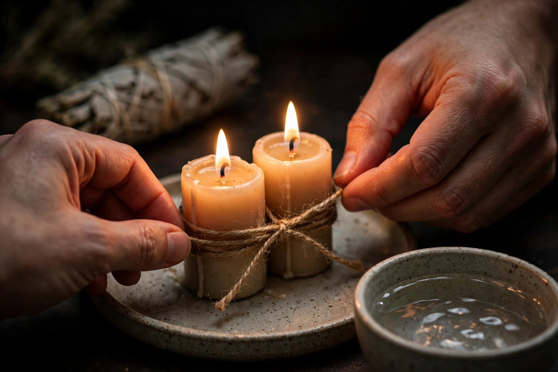 Cord cutting ritual setup — two candles with twine on a fire-safe tray