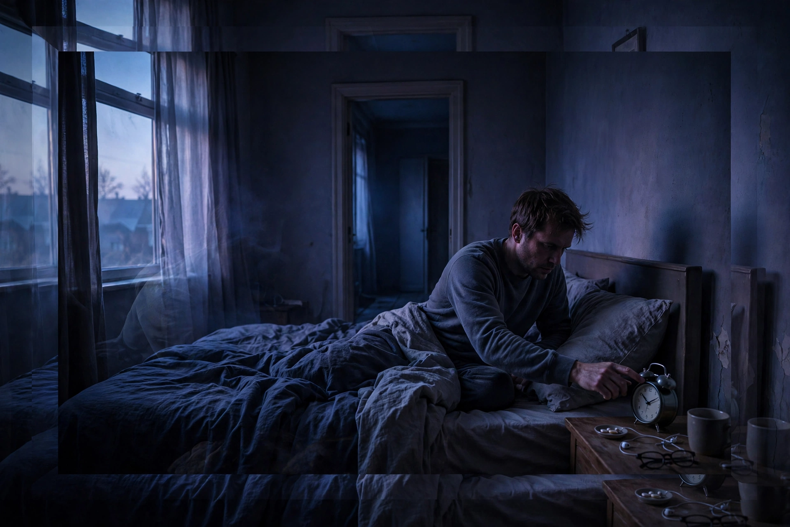 Man turning off an alarm clock during a false awakening dream