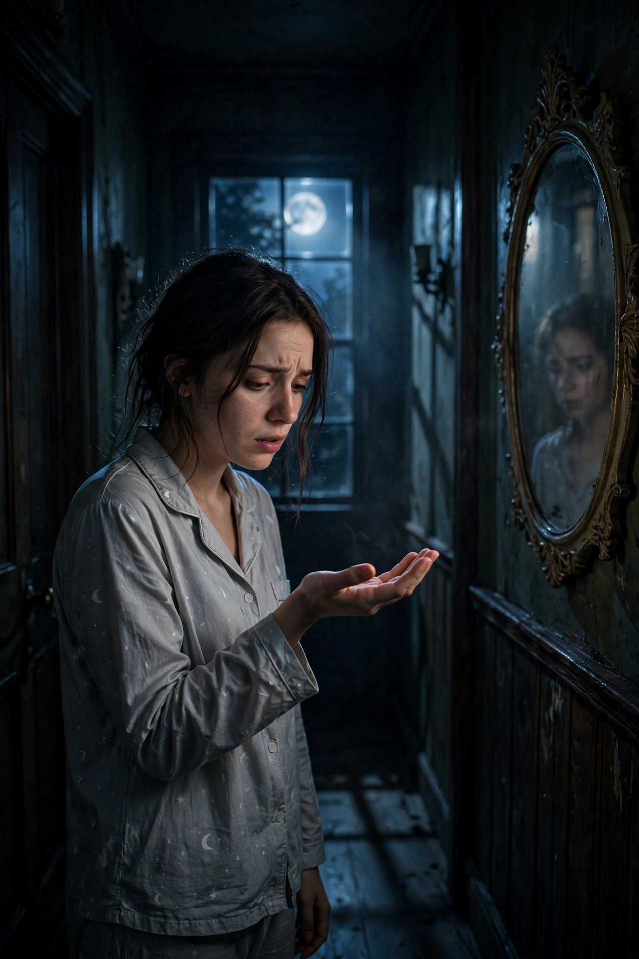 Person doing a reality check in a dark hallway during a false awakening
