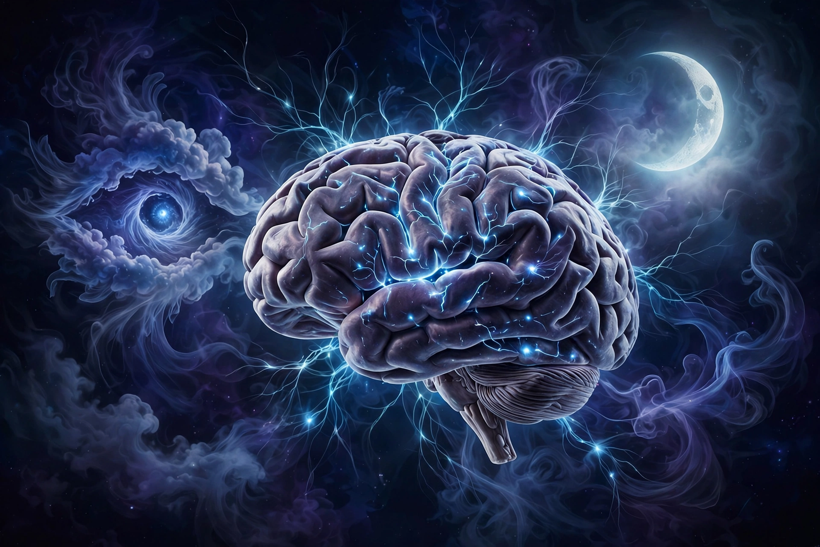Brain with glowing neural pathways during REM sleep and false awakening