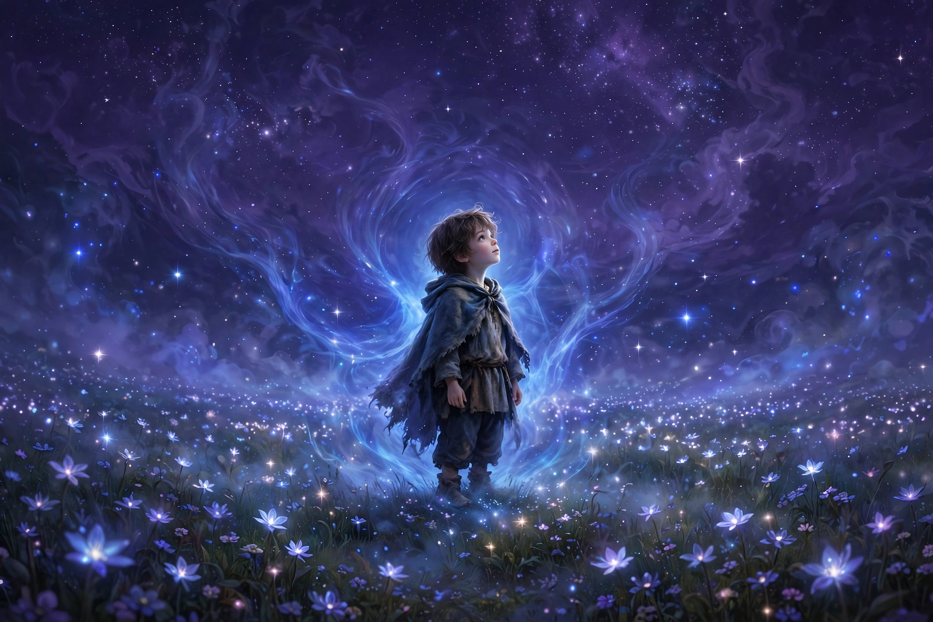Indigo children traits — child with glowing indigo aura under a starry sky