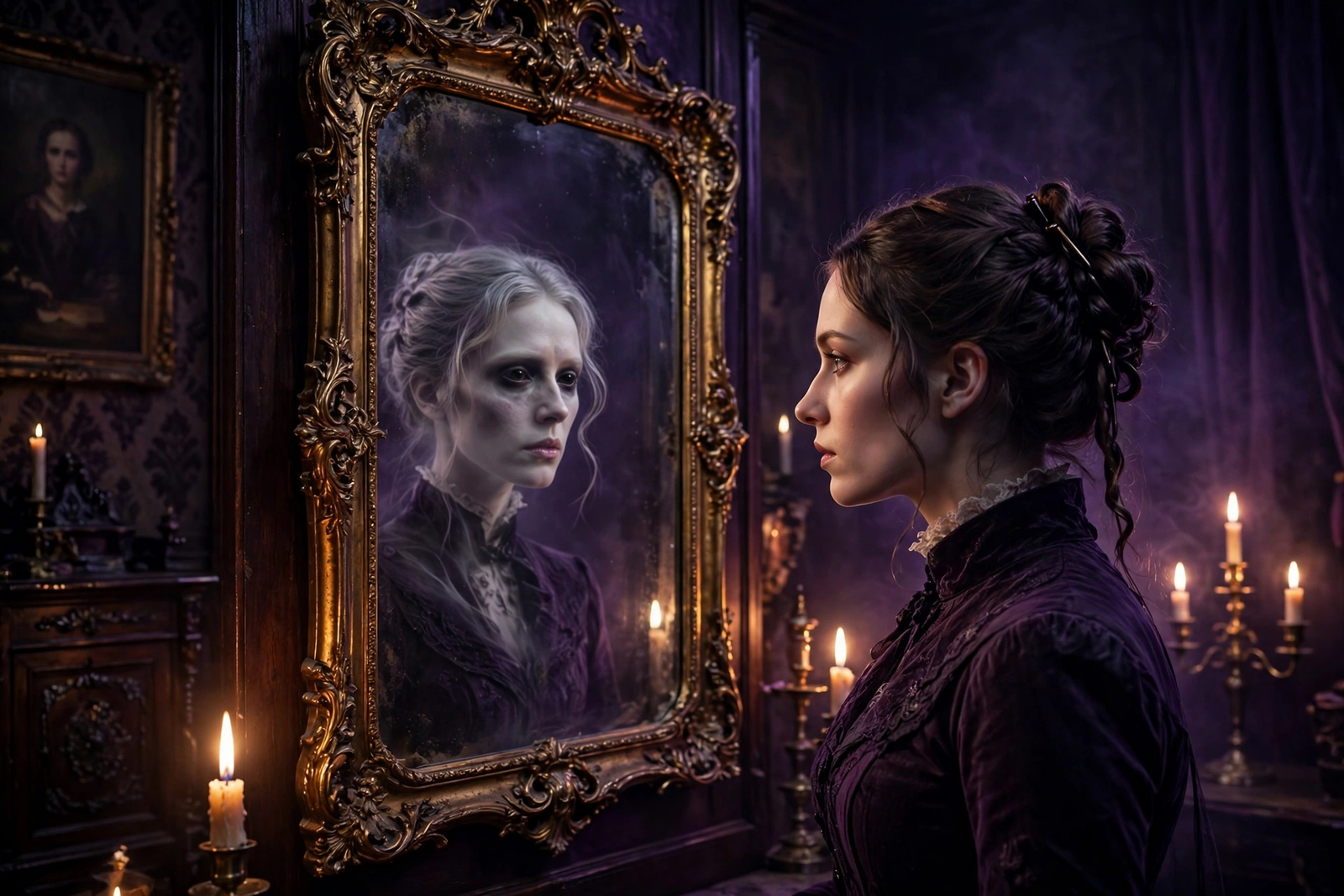 Woman seeing a different face in an antique mirror - doppelganger meaning