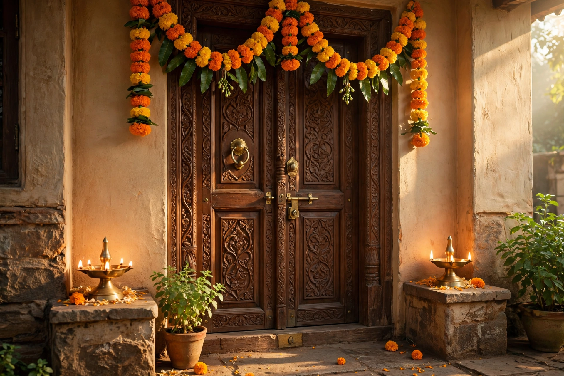 Vastu dosh door karne ke bina tod fod upay — मुख्य द्वार पर दीये और फूलों का तोरण