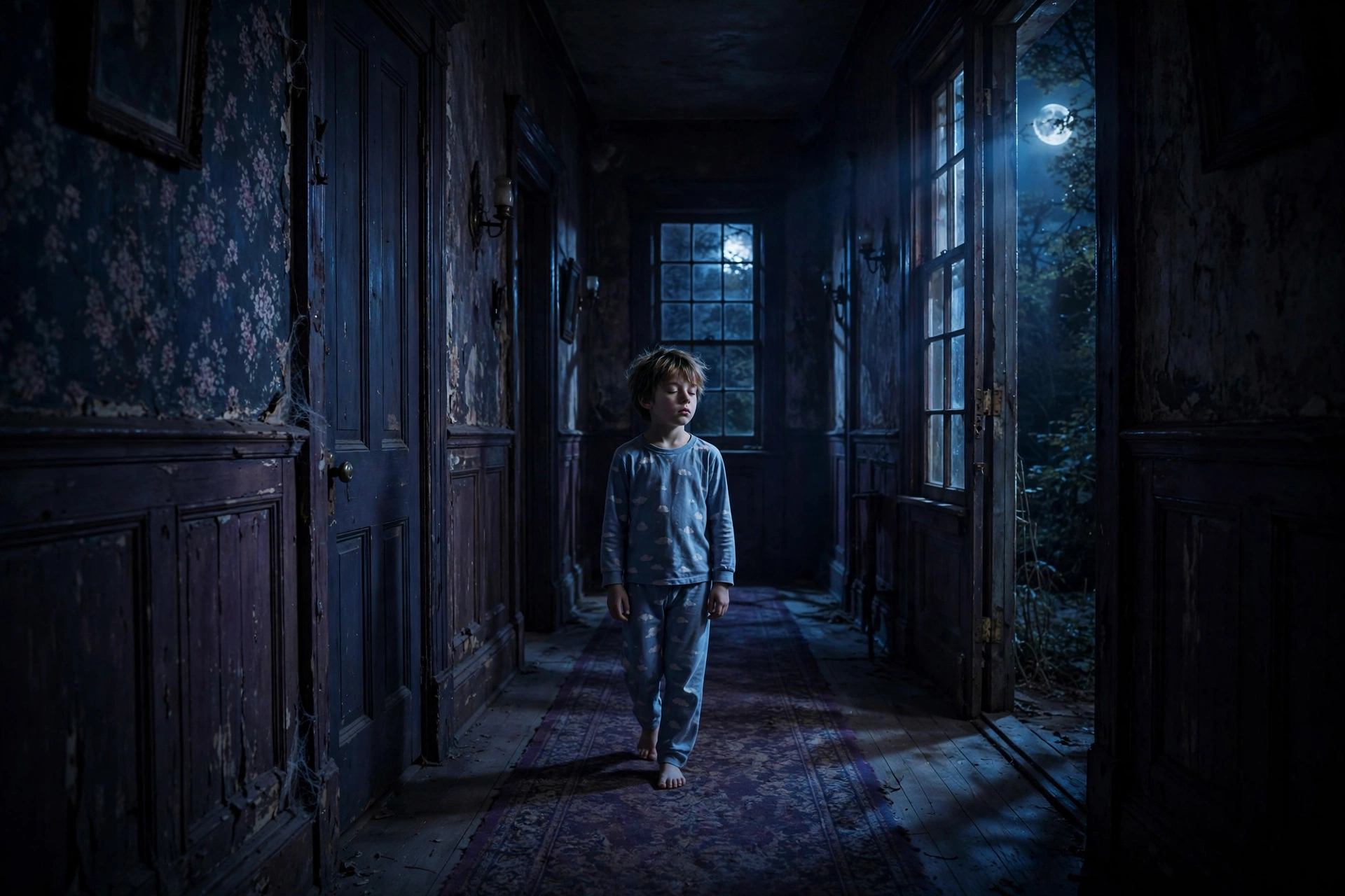 Child sleepwalking down a moonlit hallway — why do we sleepwalk at night