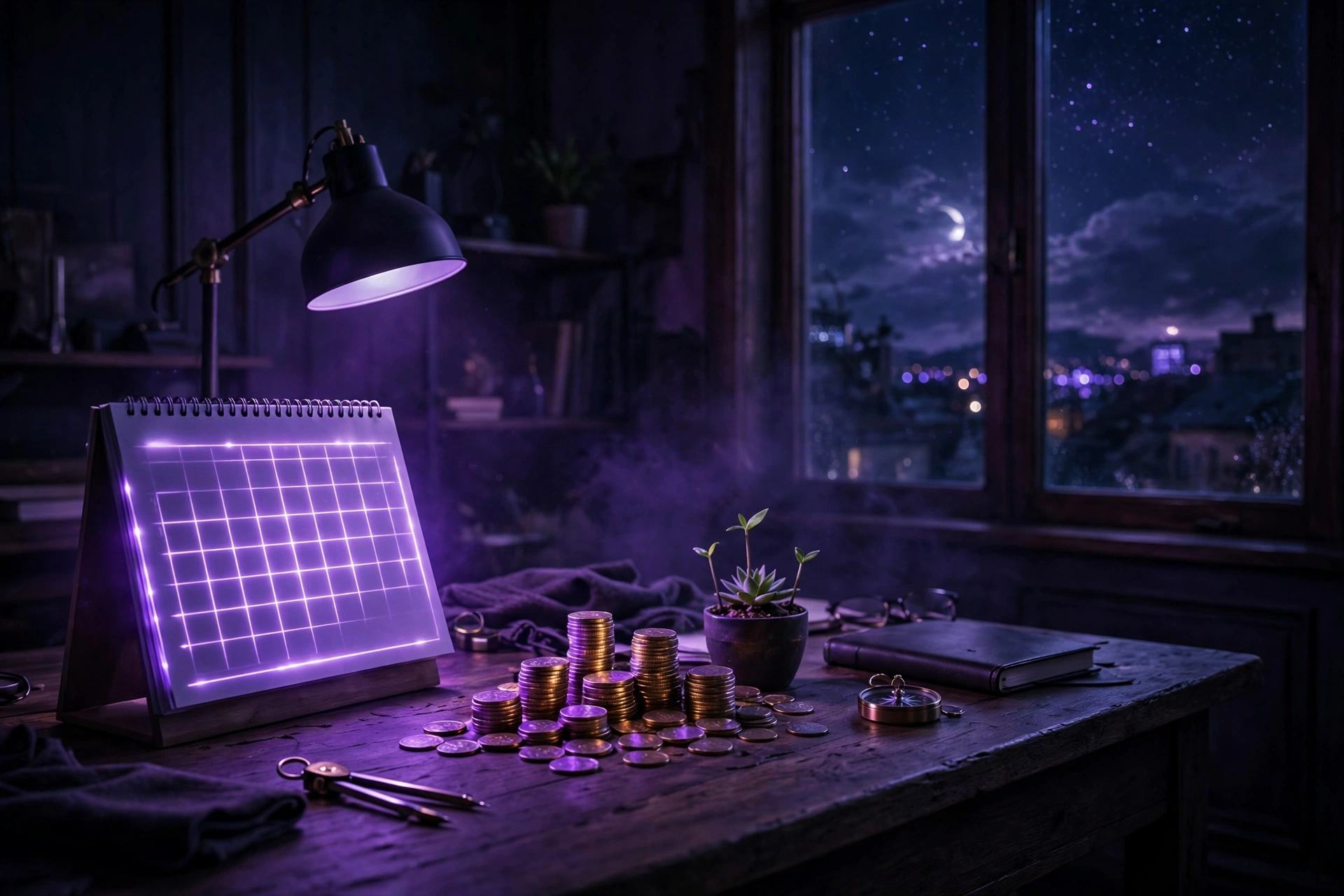 909 angel number career change: dark office desk in violet light with glowing calendar
