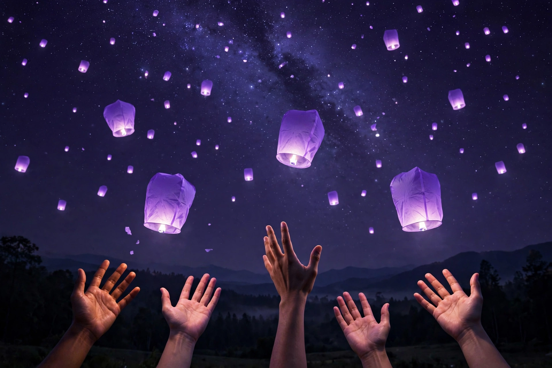 Release ritual for 909 angel number: glowing violet lanterns rising into the night sky