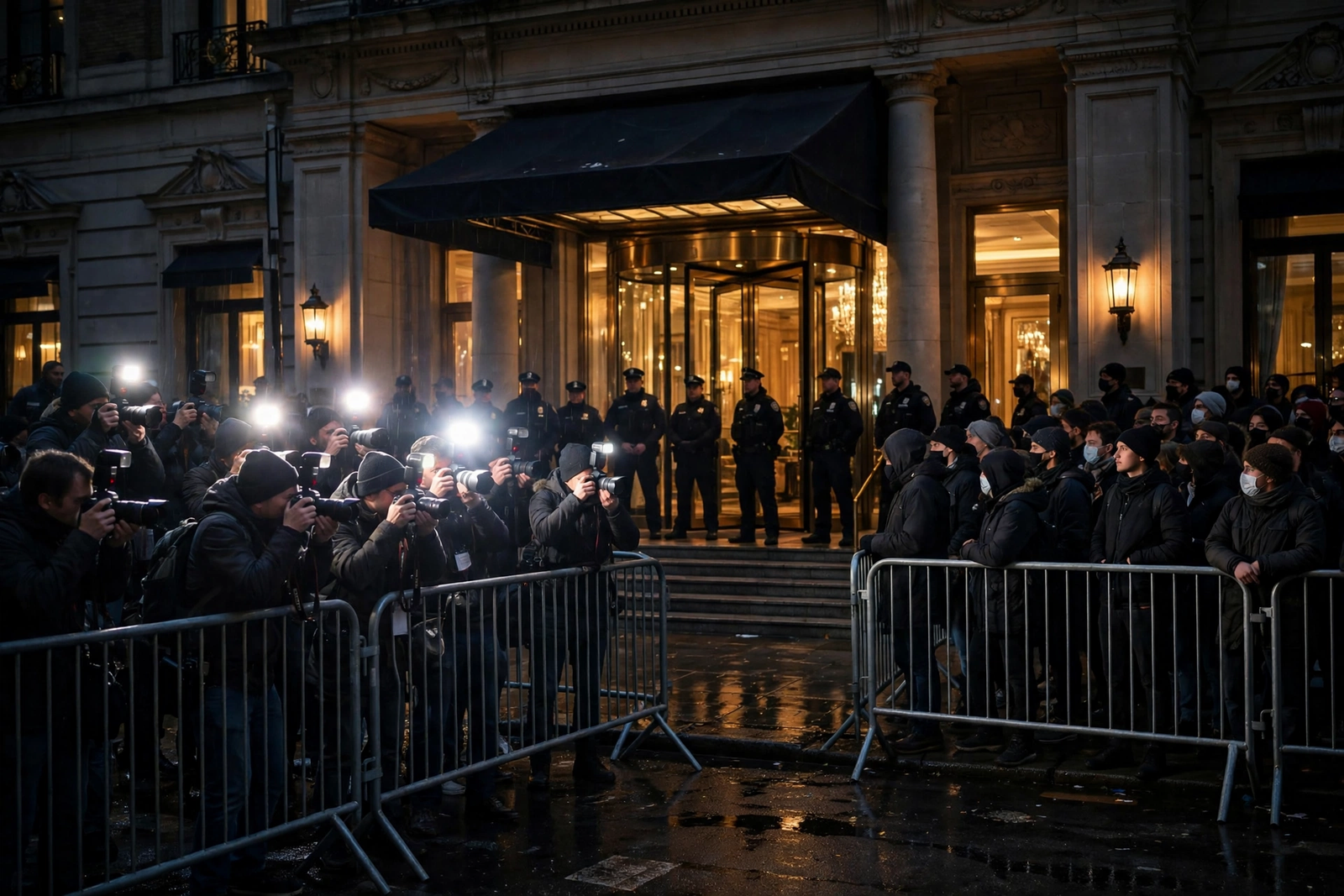 Protesters and press outside a sealed luxury hotel at a Bilderberg Group meeting