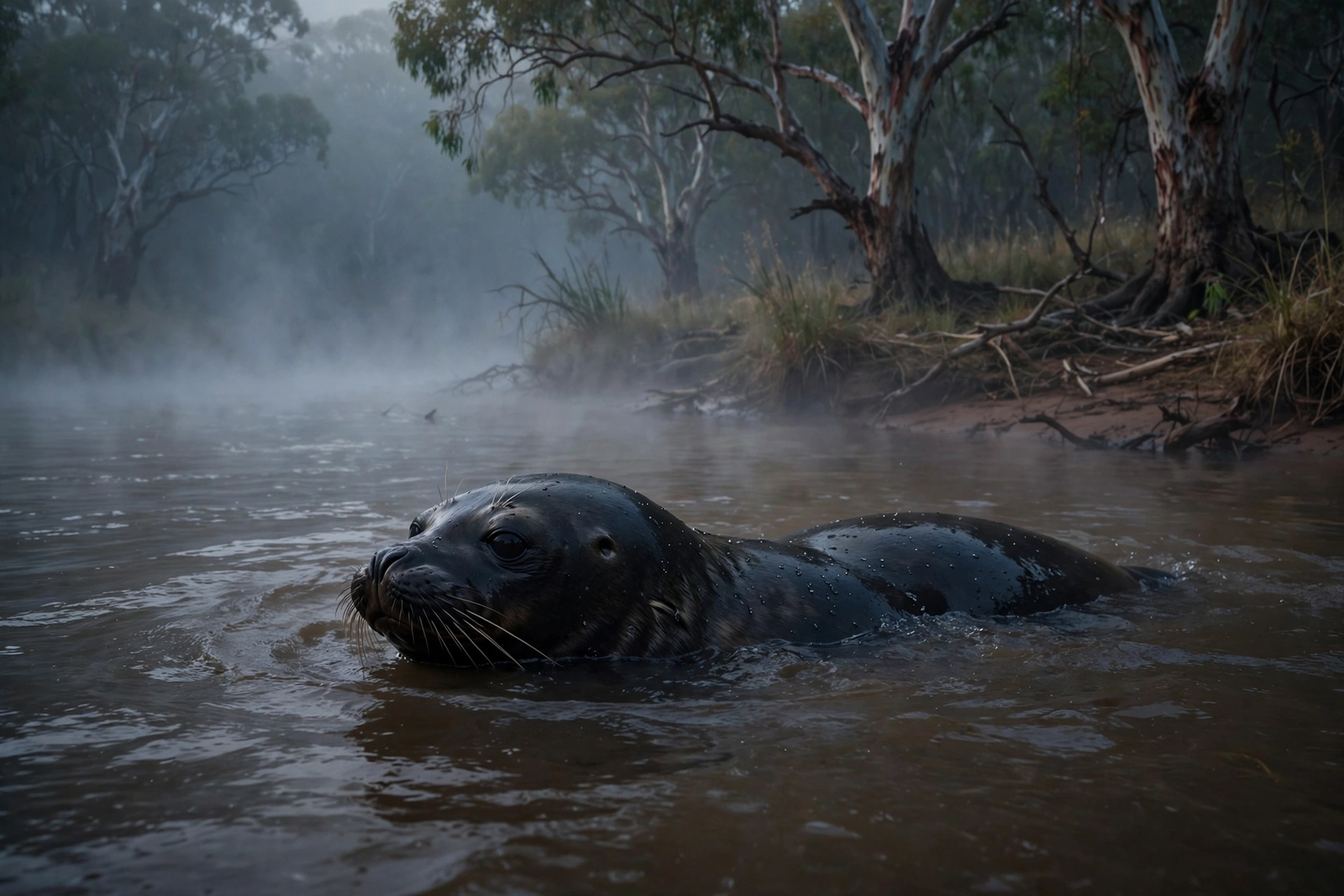 A seal swimming in a murky river — the leading scientific explanation for bunyip Australia sightings