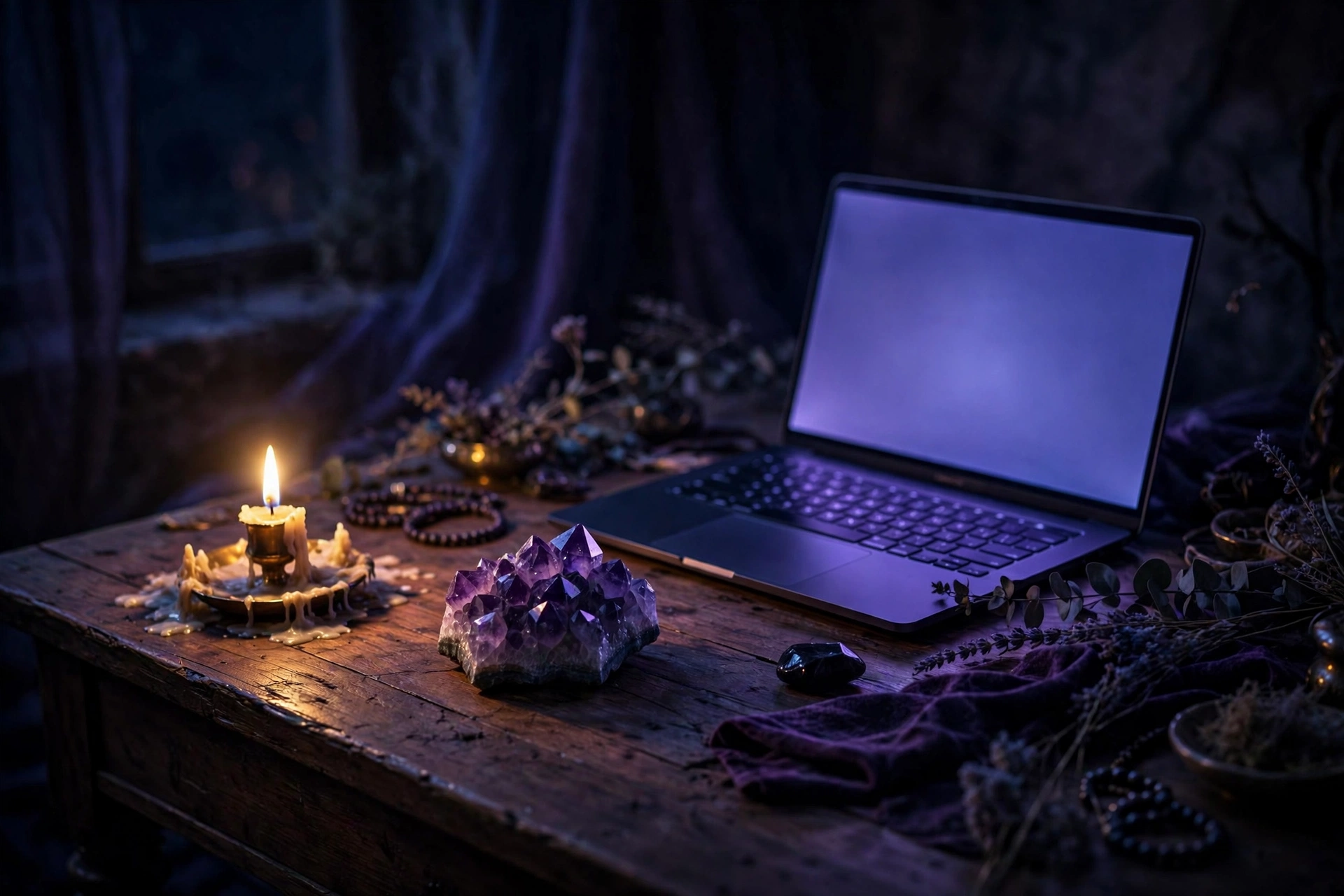 How to clear negative energy from home office computer desk — moody desk with laptop, small plant and candle in dark purple mystical light
