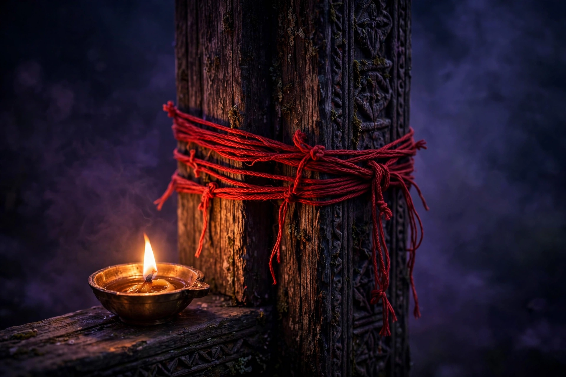 Digbandhana breach signs at home — sacred thread broken around a doorway with a brass diya glowing in dark mystical night
