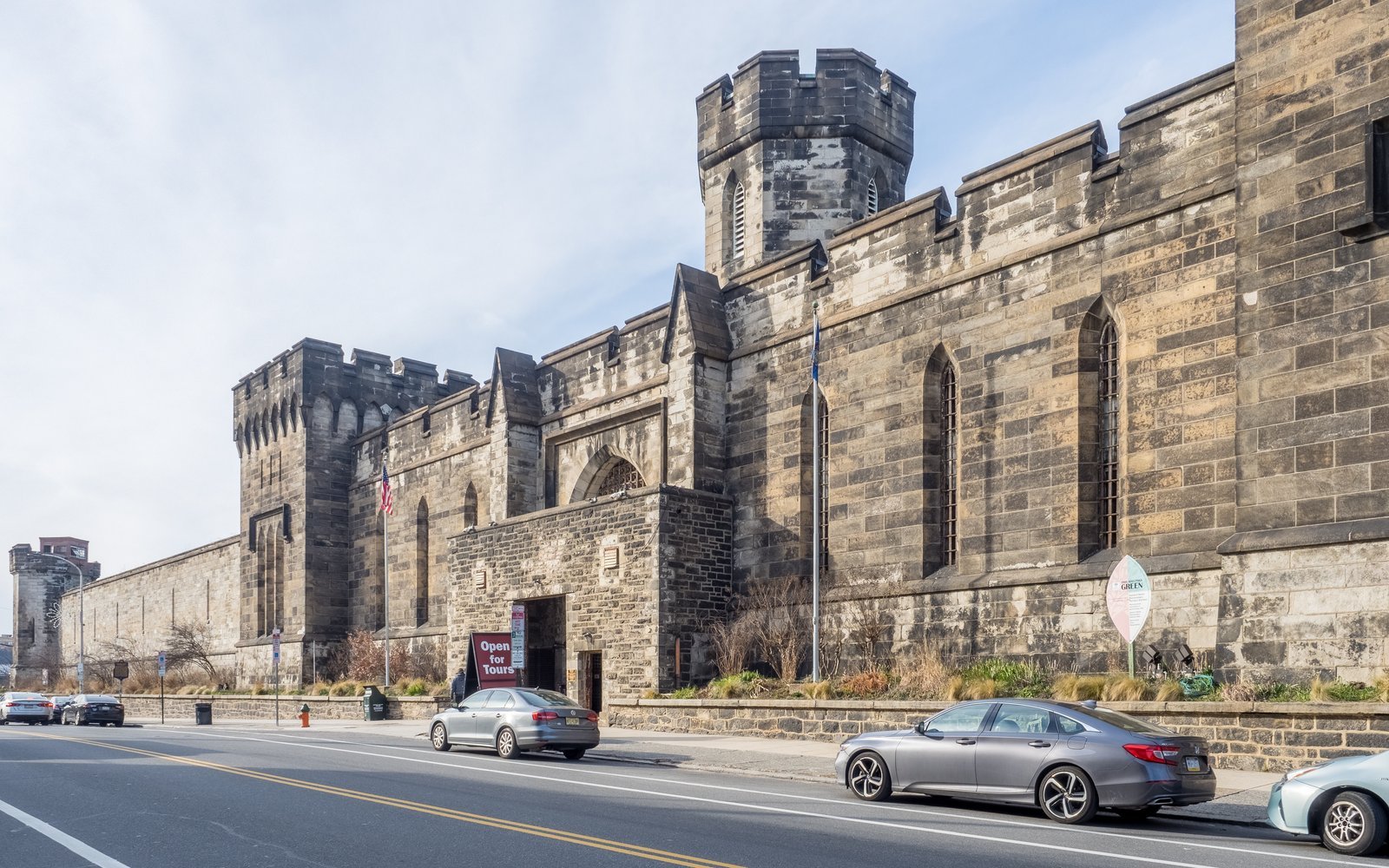 The imposing stone facade of Eastern State Penitentiary in Philadelphia