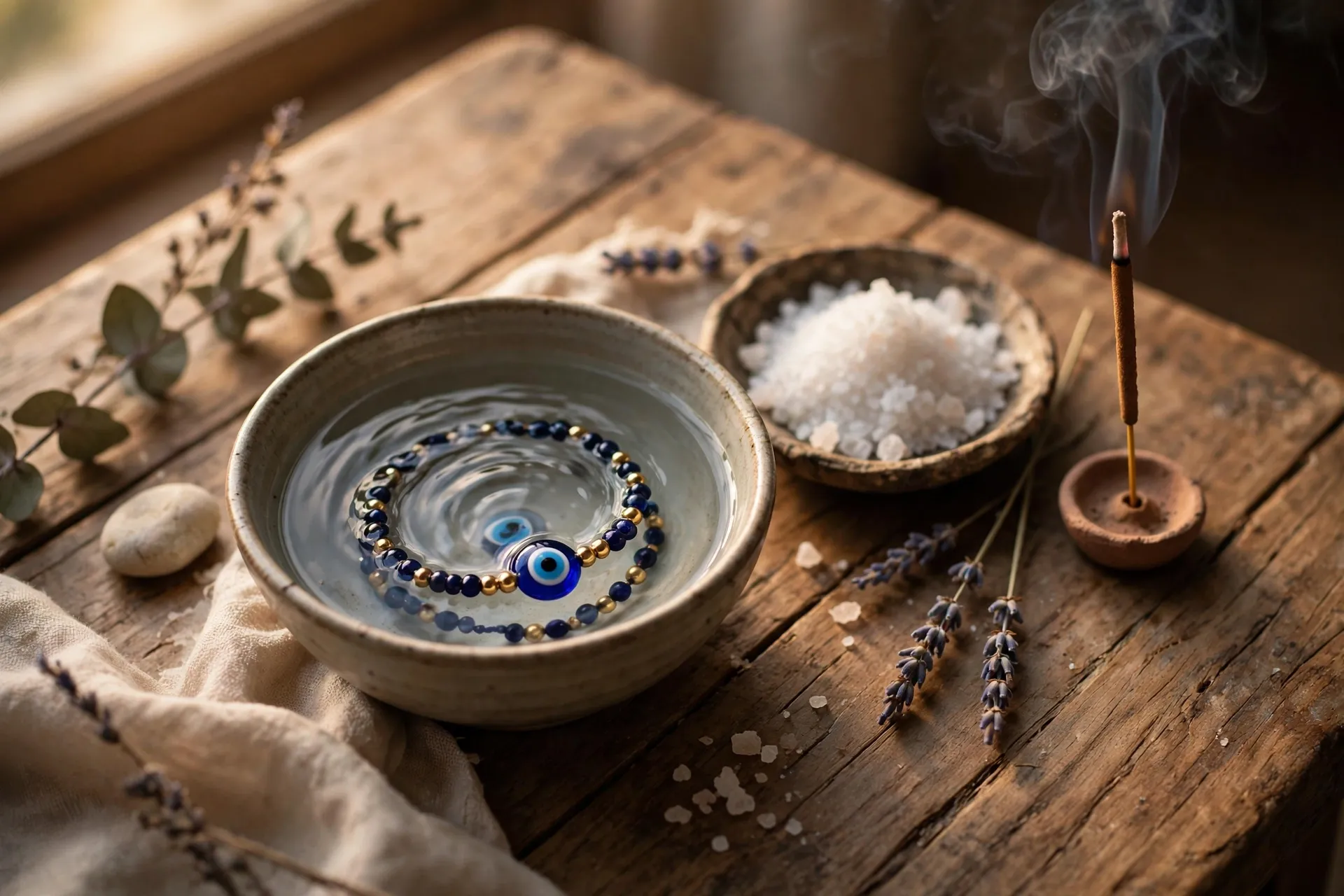 Cleansing an evil eye protection bracelet with salt water and incense