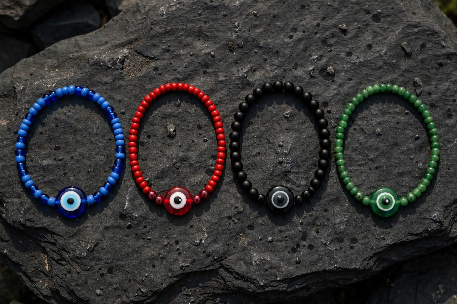 Evil eye protection bracelets in blue red black and green colors