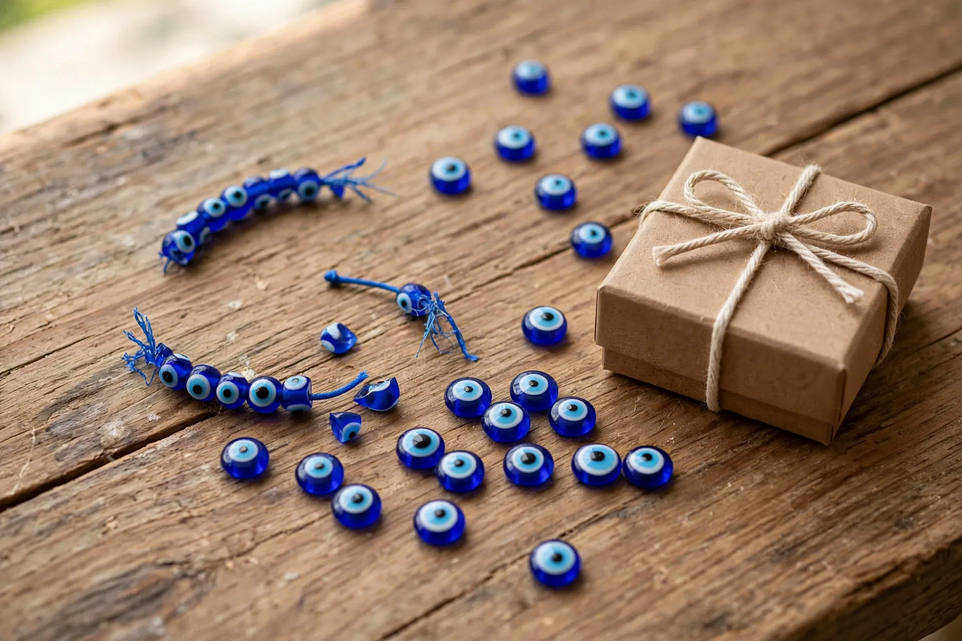 Broken evil eye protection bracelet with scattered beads and a gift box