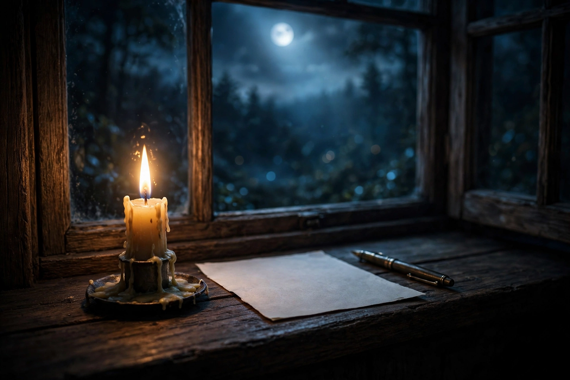 full moon ritual supplies candle paper and pen by a window under moonlight