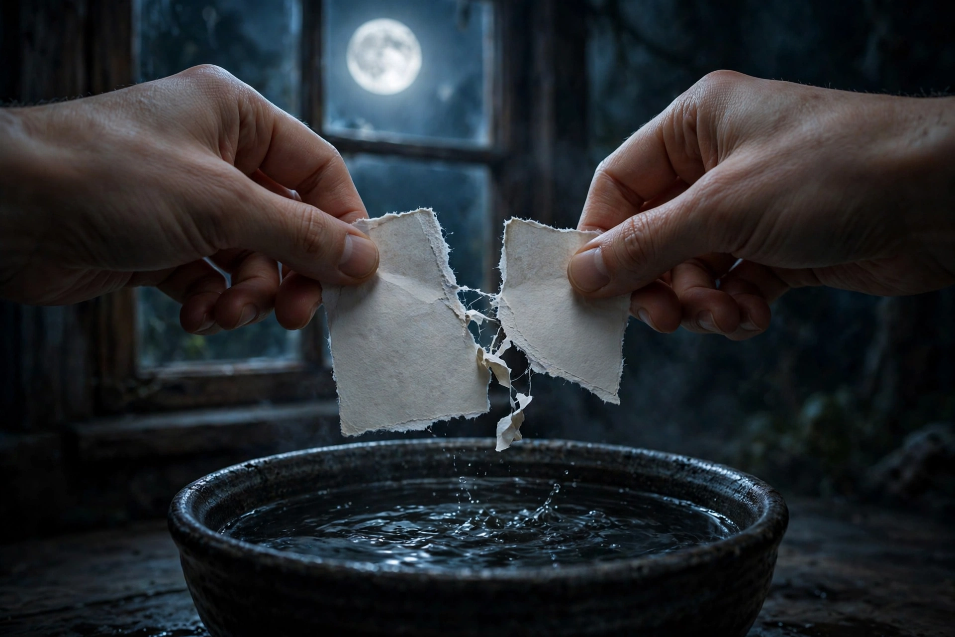full moon ritual release paper torn over bowl of water at night
