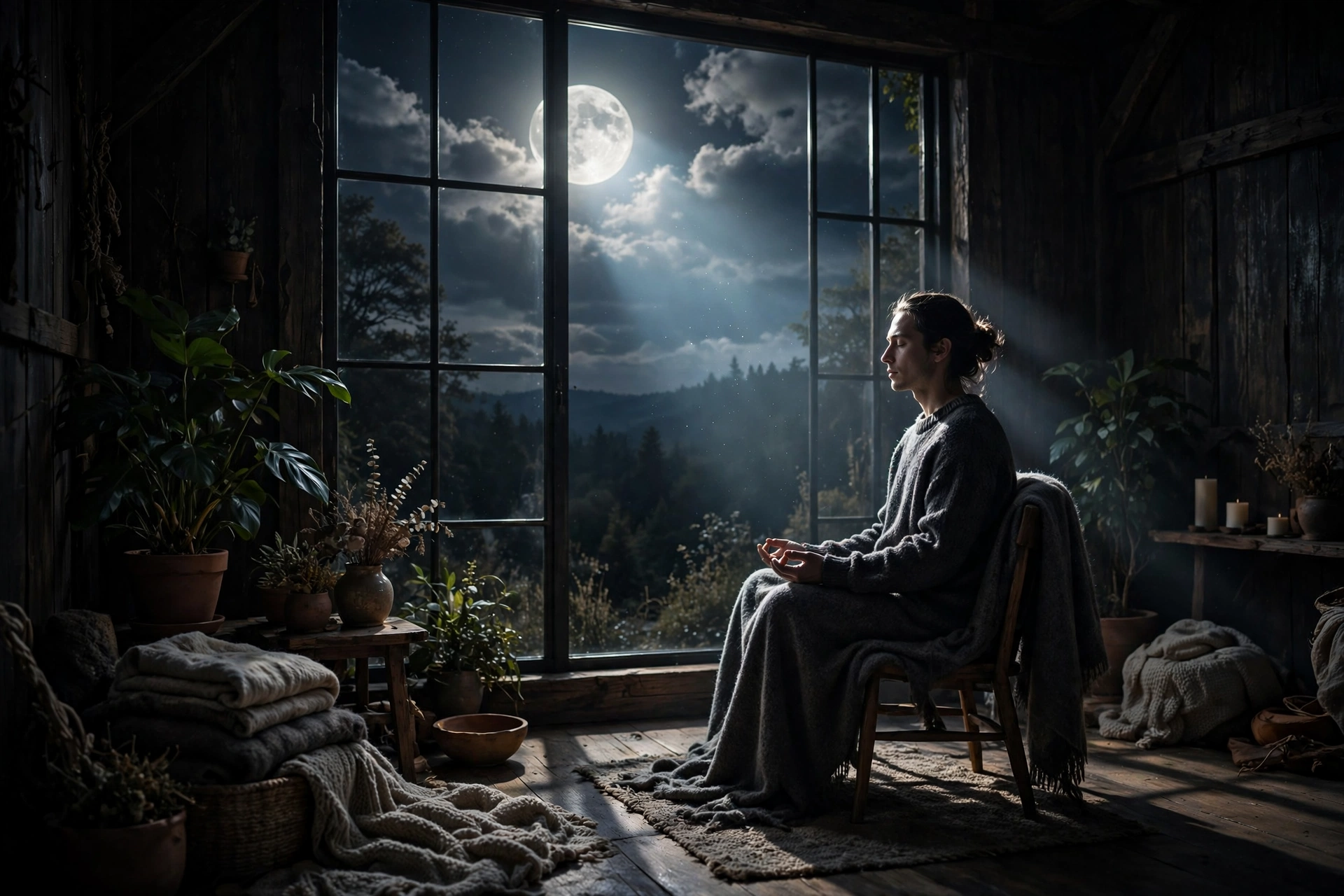 person sitting quietly by a window in full moon light doing a release ritual