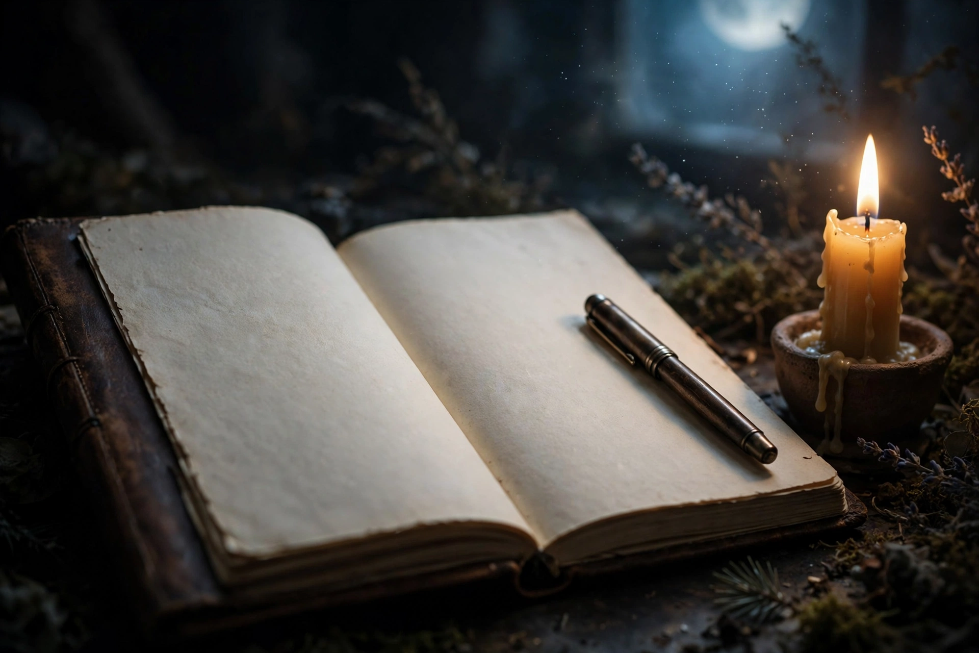 journal and candle close-up with full moon ritual release letter template