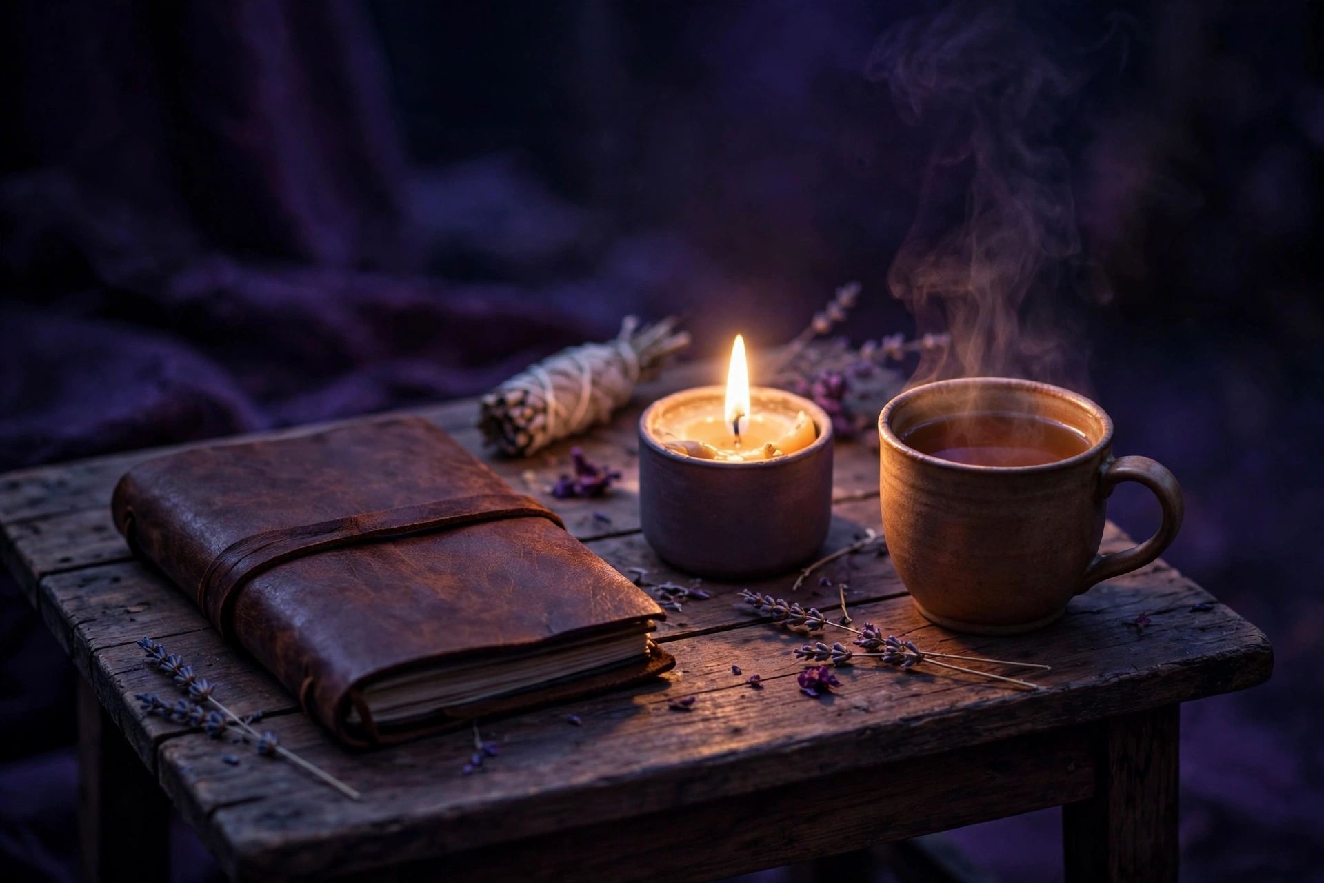 candle glowing softly beside a journal after a full moon release ritual