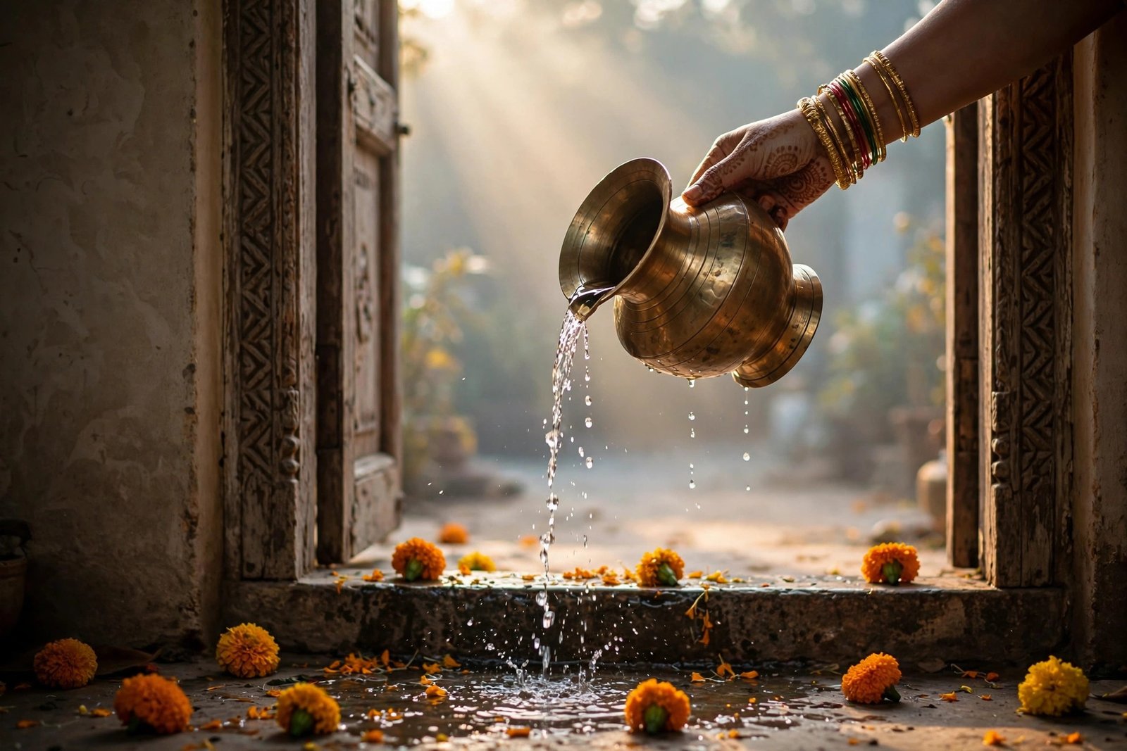 सुबह के समय घर की दहलीज पर पीतल के लोटे से गोमूत्र छिड़कने की पारंपरिक विधि