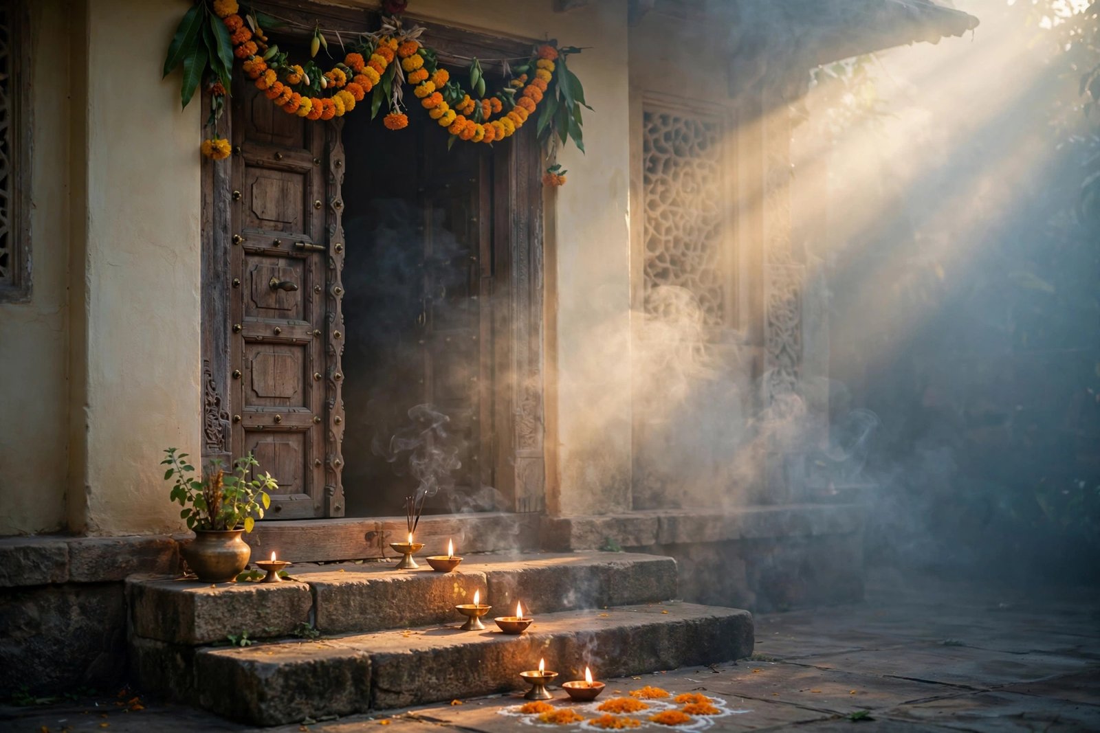 सुबह के समय गेंदे के फूलों और दीये से सजे घर के प्रवेश द्वार पर वास्तु शुद्धिकरण