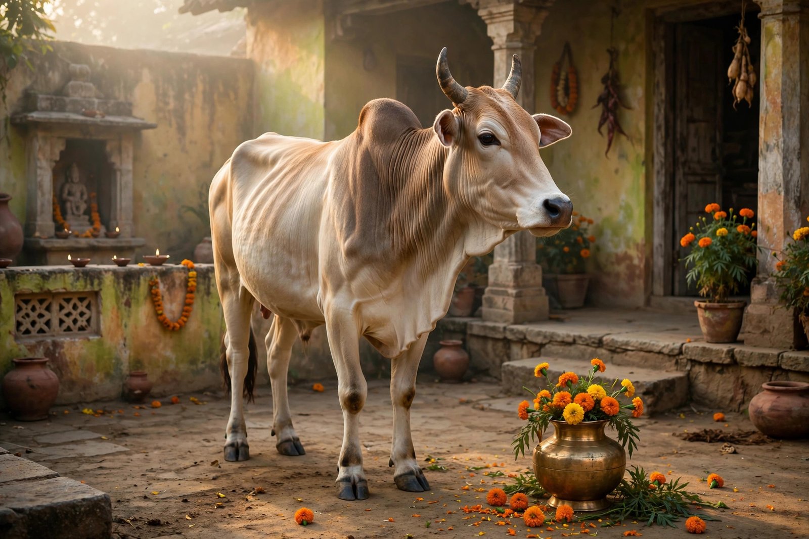 सुबह के समय आंगन में गाय — गोमूत्र छिड़कने के वास्तु फायदे की परंपरा में गाय का पवित्र स्थान