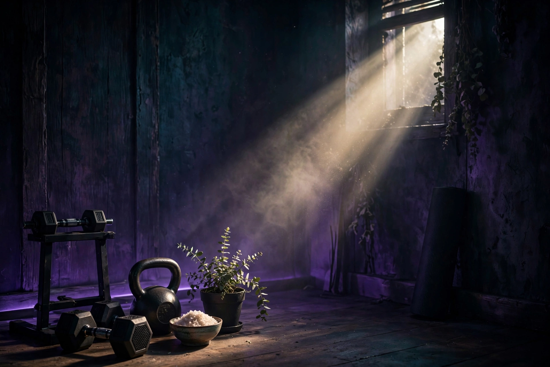 Clearing negative energy from a home gym — dark mystical workout space with dumbbells