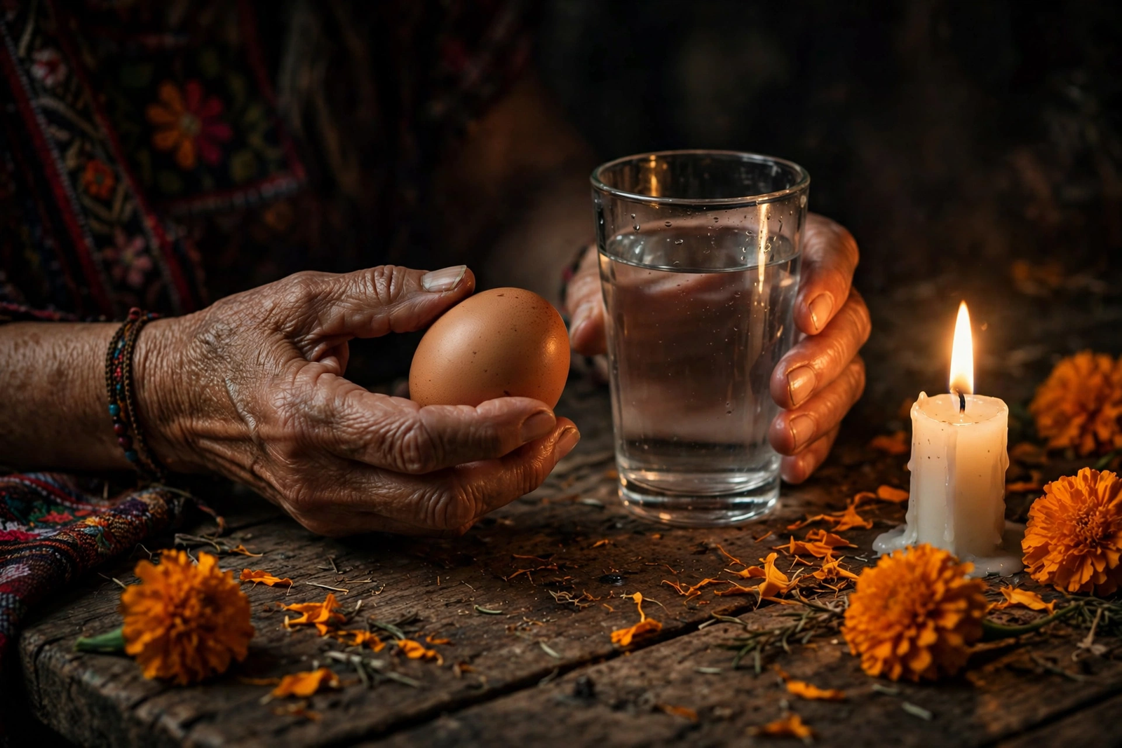 How to do an egg cleanse: holding the egg and water glass before a limpia con huevo ritual