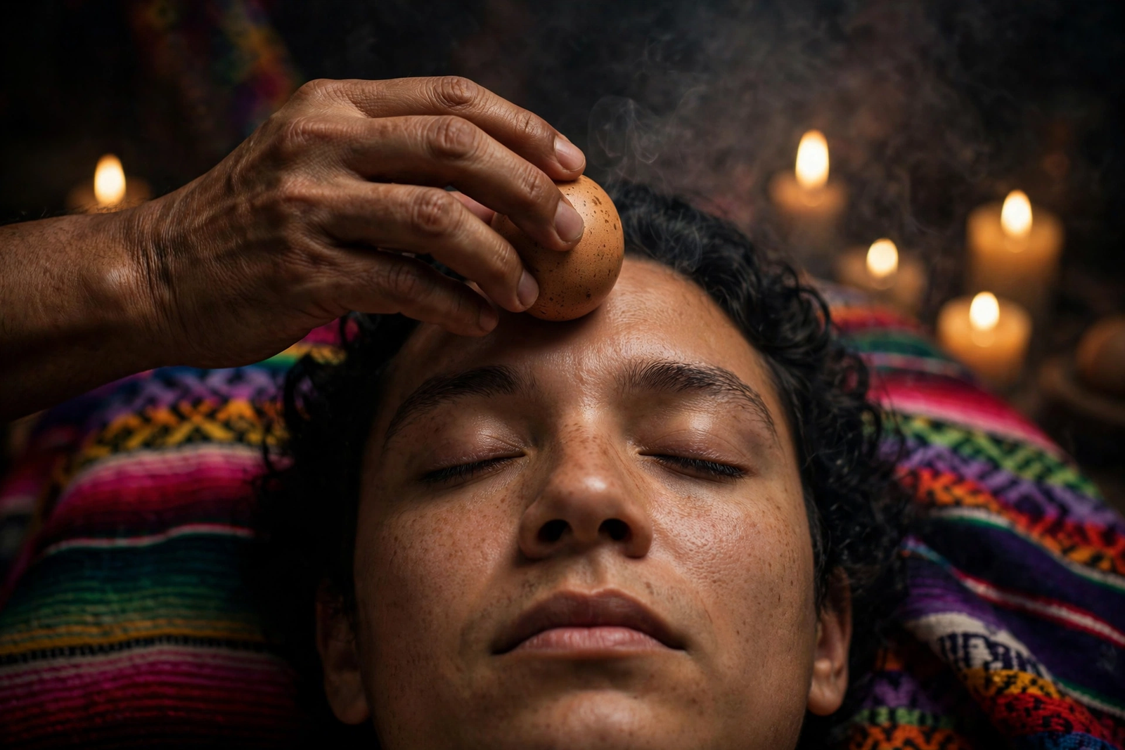 How to do an egg cleanse: the egg is rolled gently across the forehead during the limpia