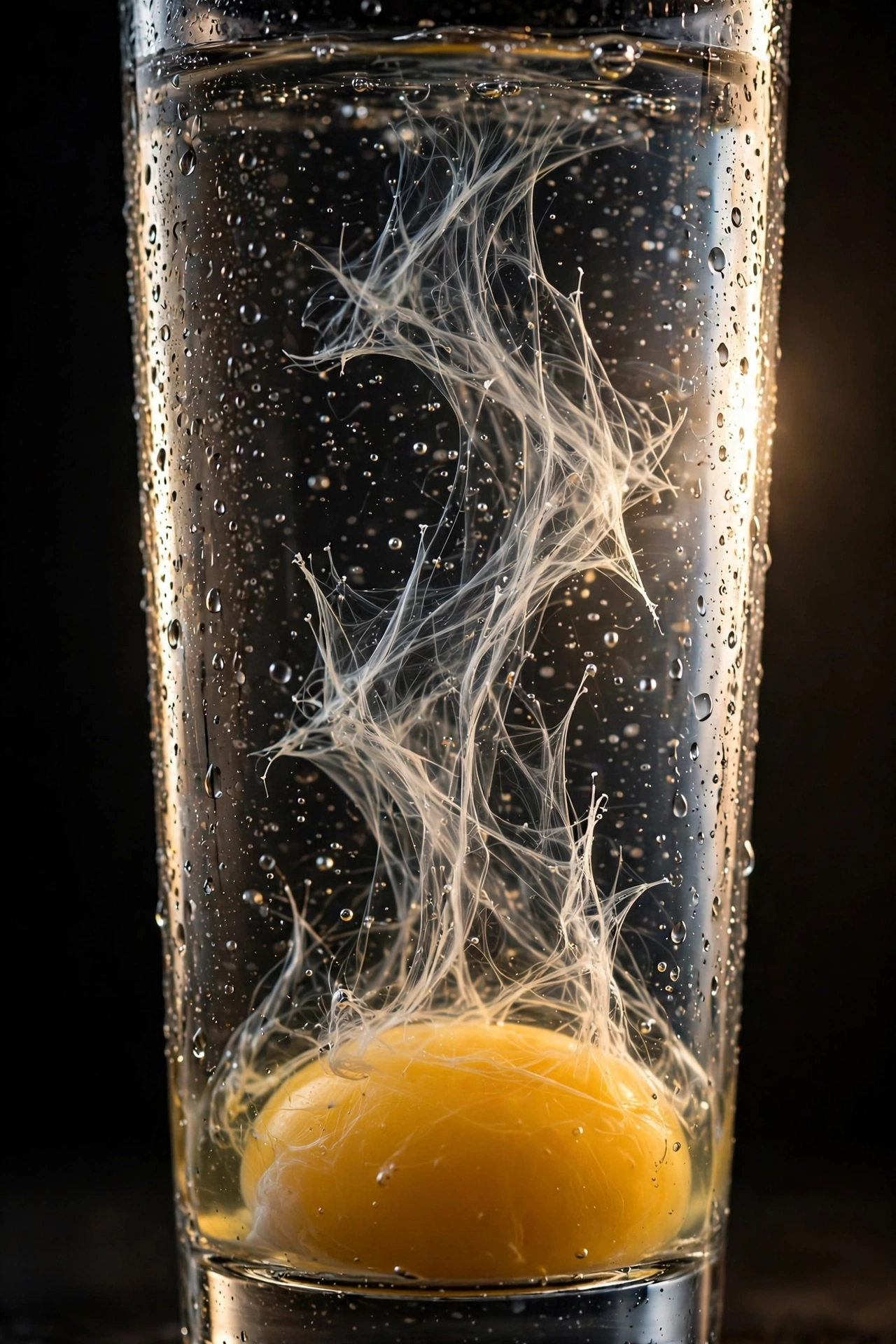 Reading the egg after an egg cleanse: white strands rising from the yolk in a glass of water