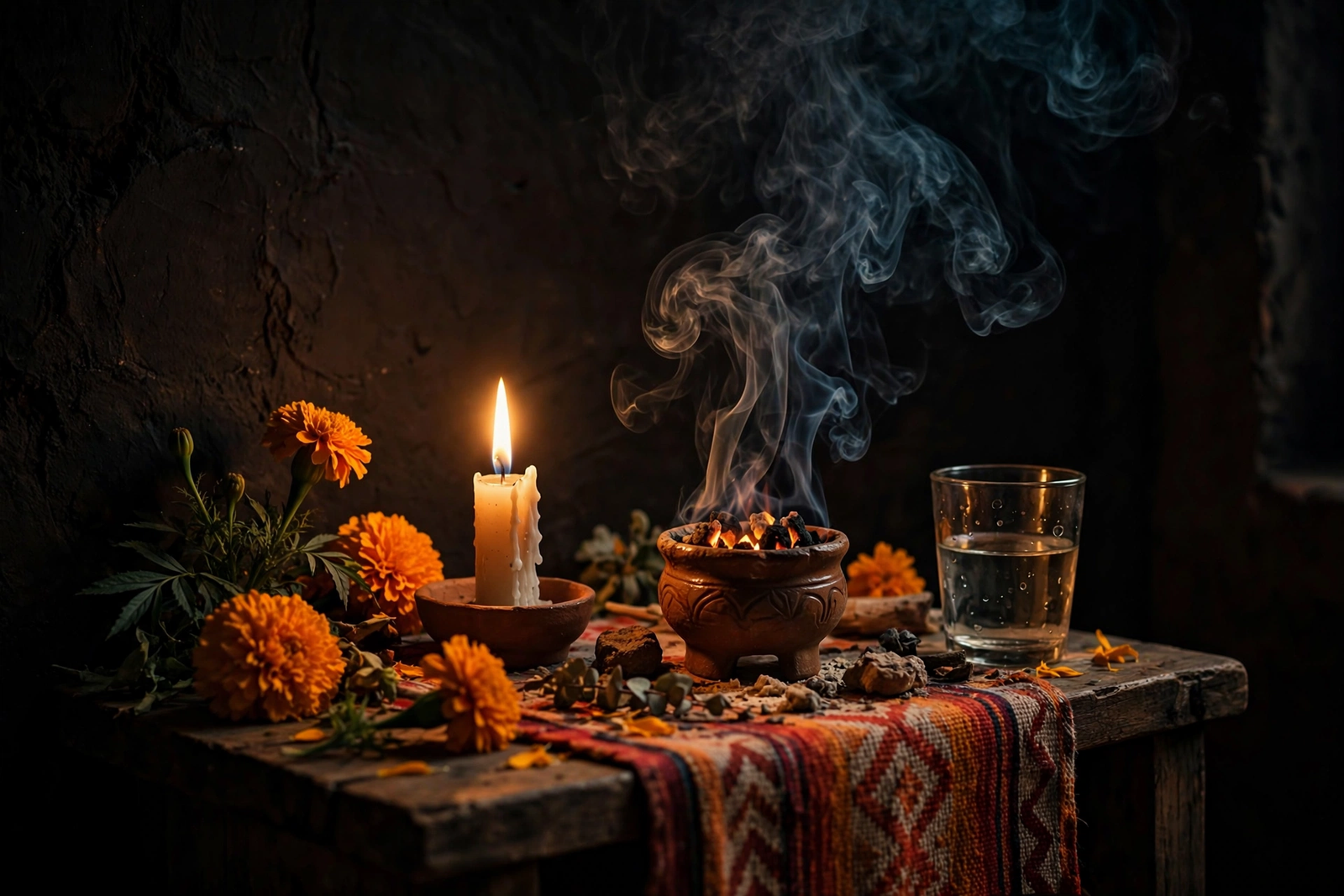A home altar with copal incense smoke and a candle used during a Mexican egg cleanse