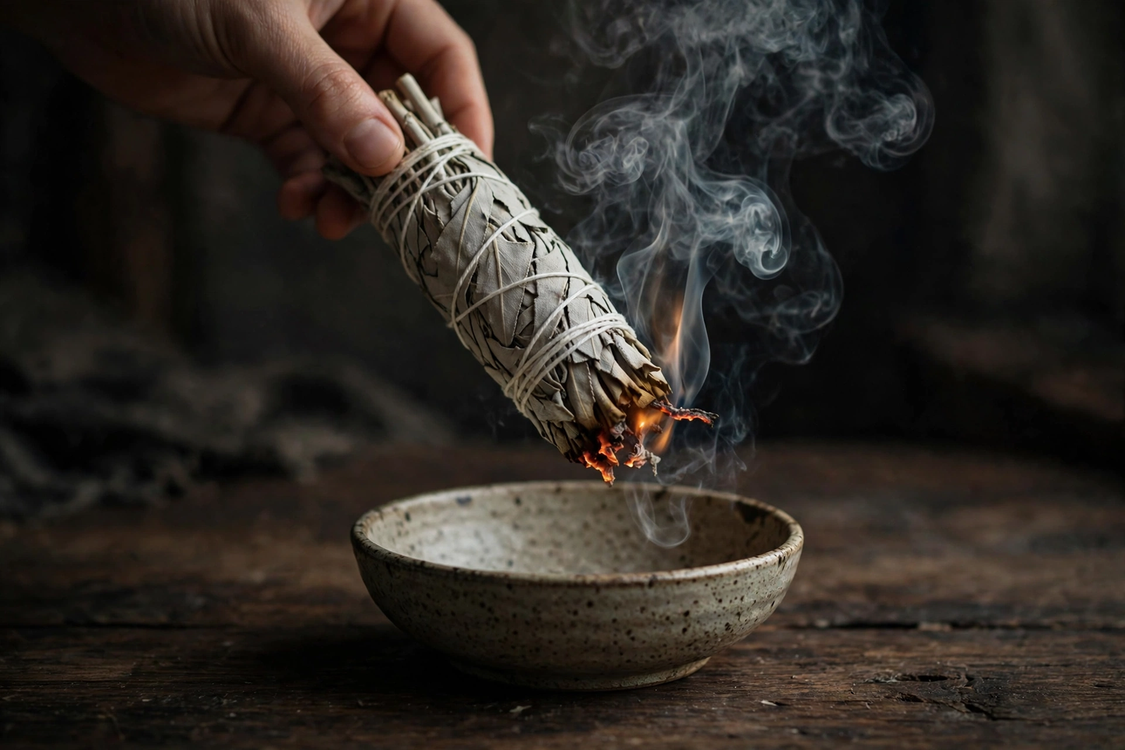 Burning white sage smudge stick over a ceramic bowl during a house cleansing ritual