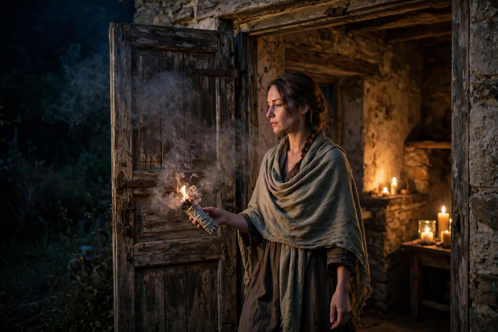 Woman saging a doorway with a smoldering sage bundle to clear negative energy from the house
