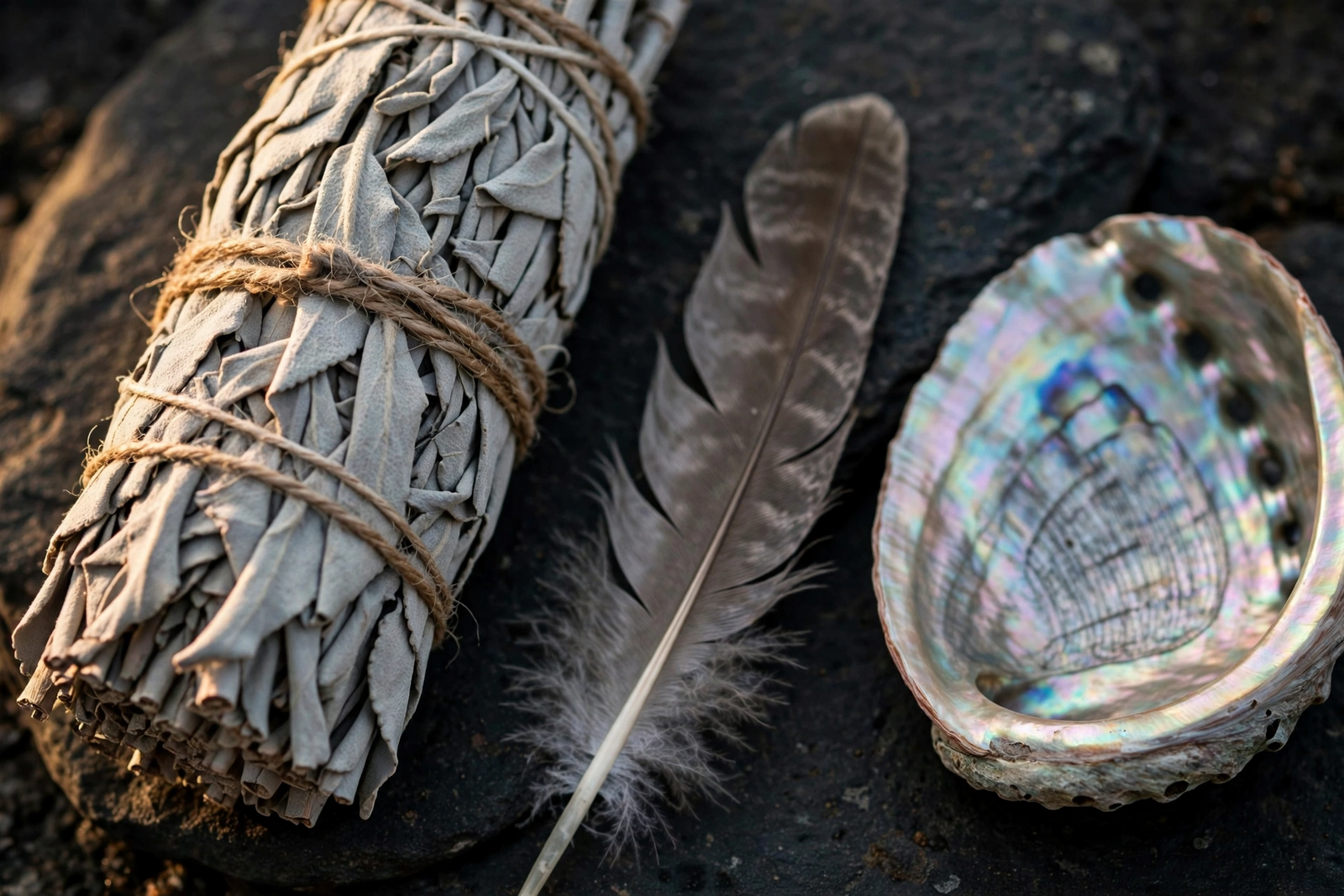 Close-up of a tied white sage bundle with feather and shell for a home smudging ritual