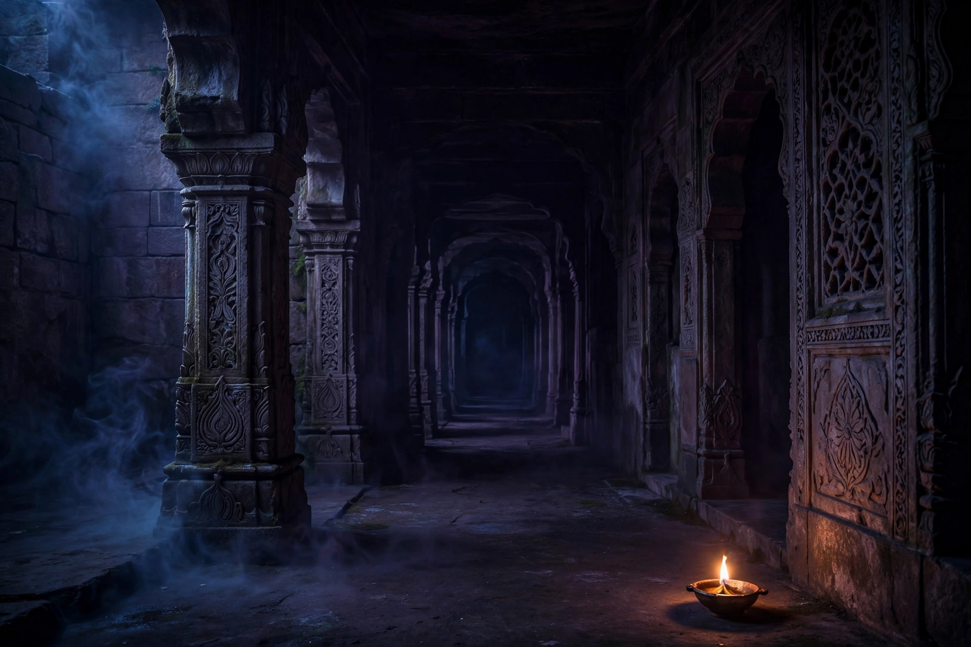 किसी आत्मा के साथ होने के संकेत — अंधेरे घर के गलियारे में धुंधली परछाई, मोमबत्ती की रोशनी, रहस्यमय अंधेरा