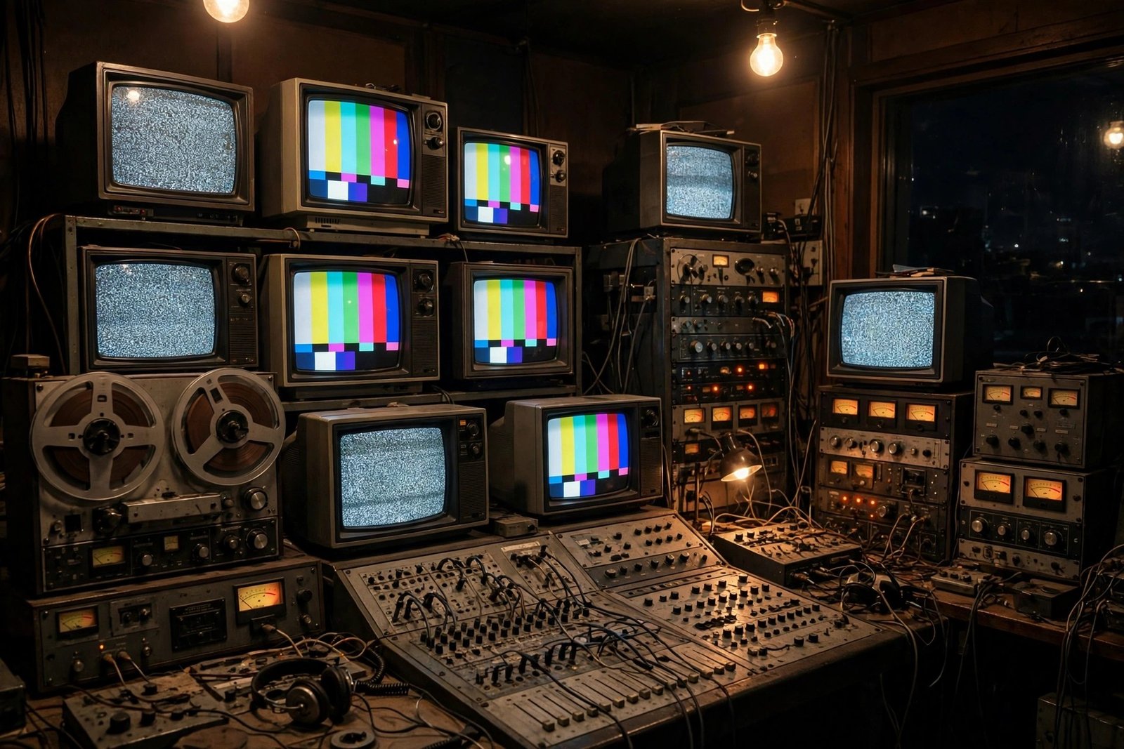 Retro TV station control room with CRT monitors and analog equipment