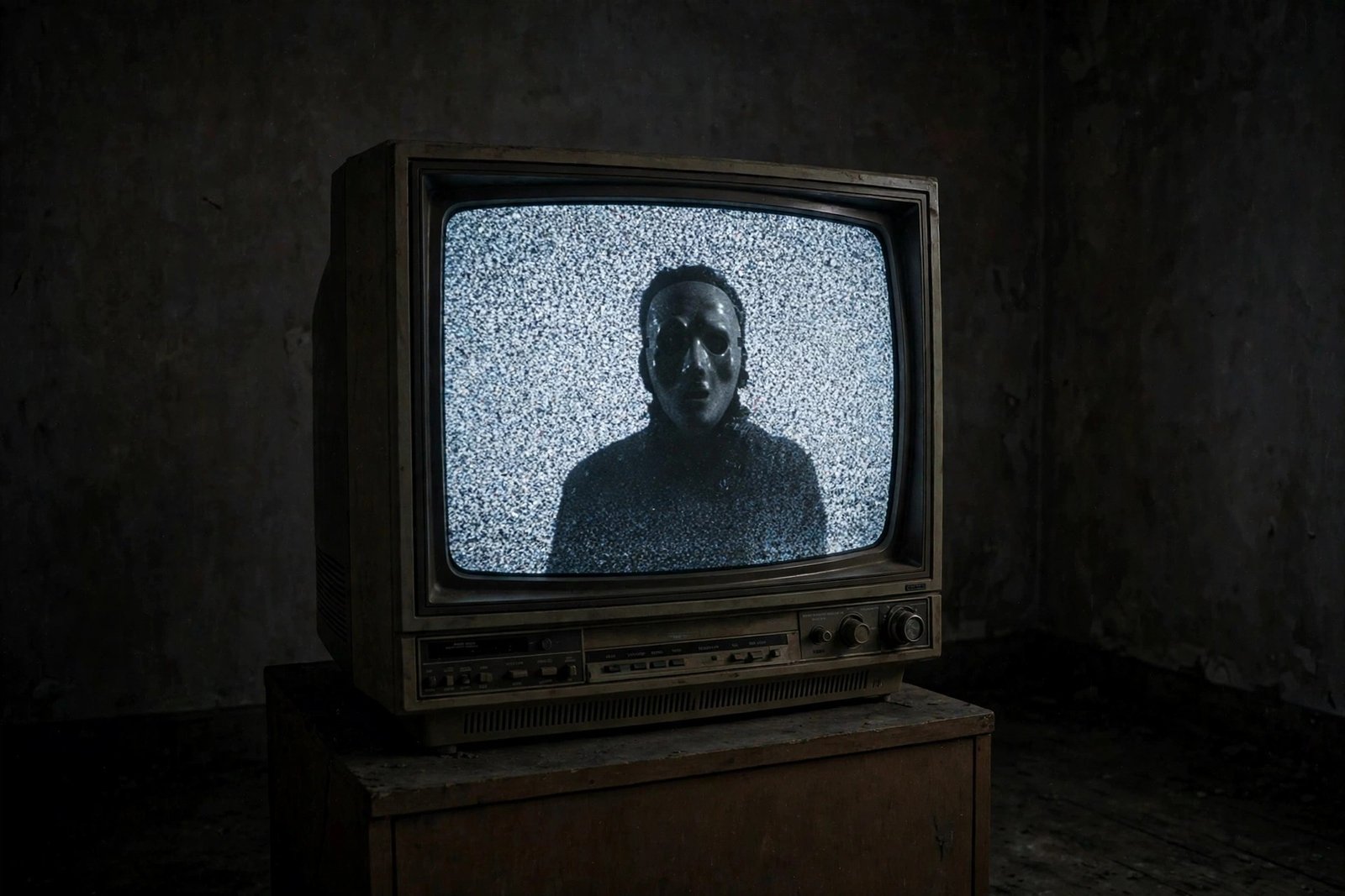 CRT television showing static with a Max Headroom masked figure silhouette