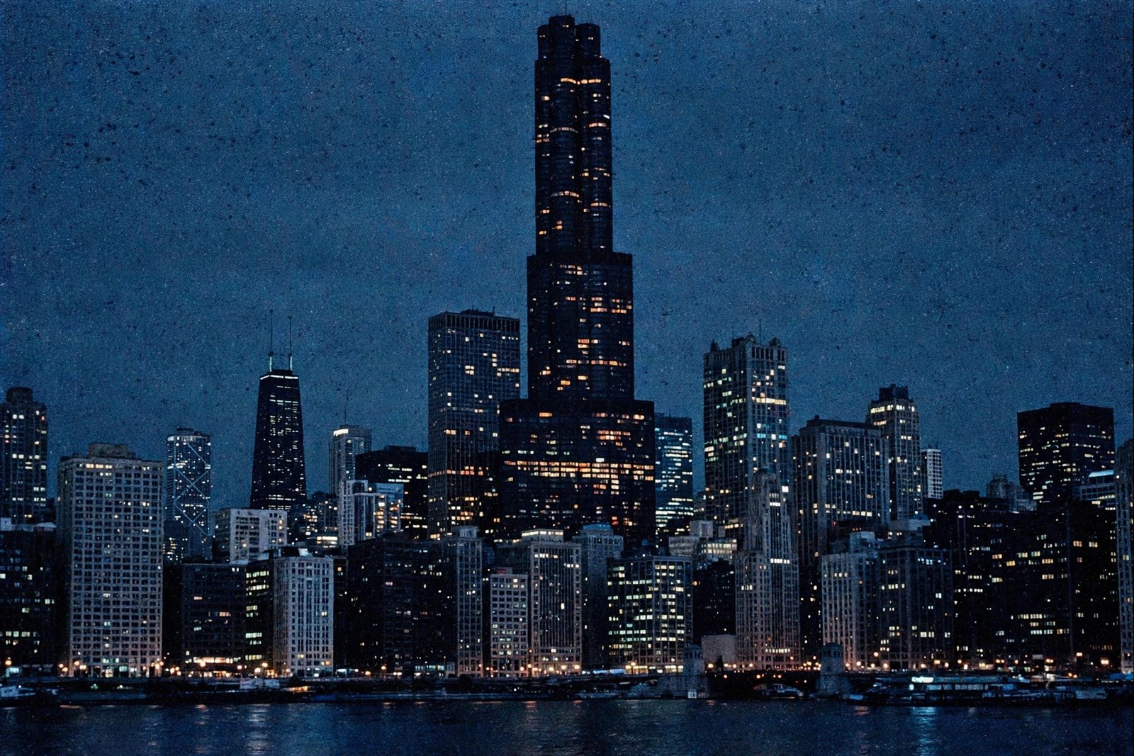 Chicago skyline at night in the 1980s with analog static grain