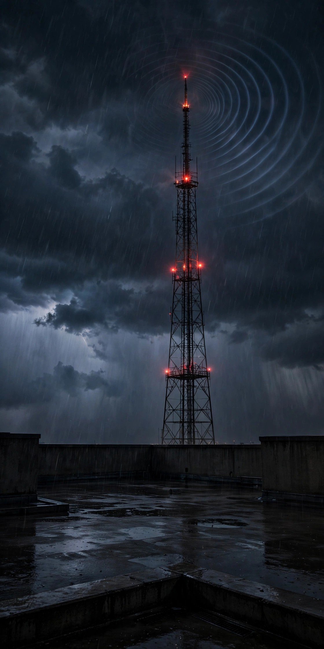 Television broadcast antenna tower at night with red warning lights