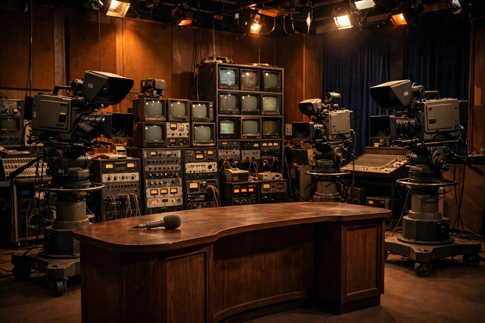1980s television news studio with analog broadcast equipment