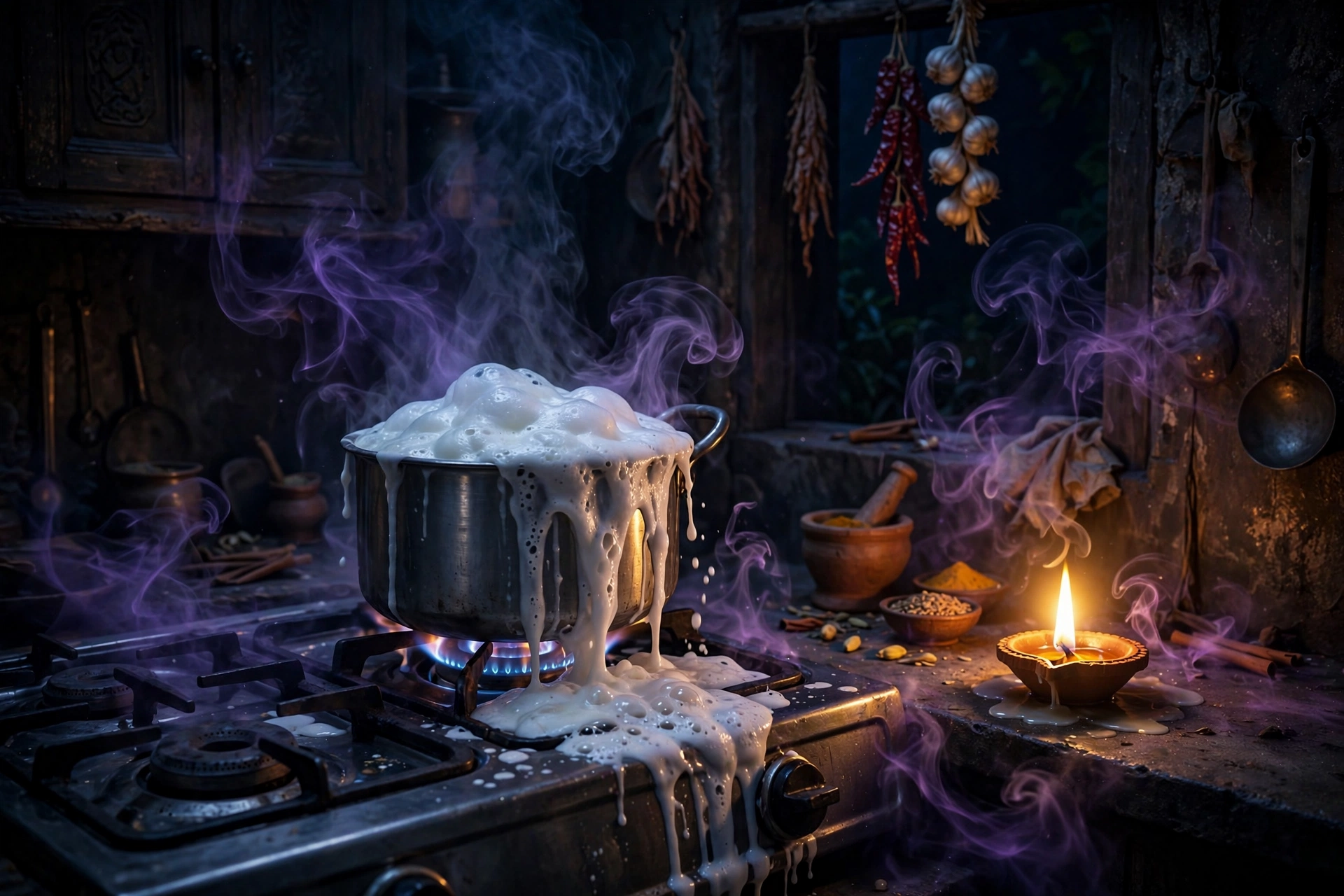Milk boiling over again and again spiritual meaning — pot of milk spilling over on a stove in a dark mystical kitchen