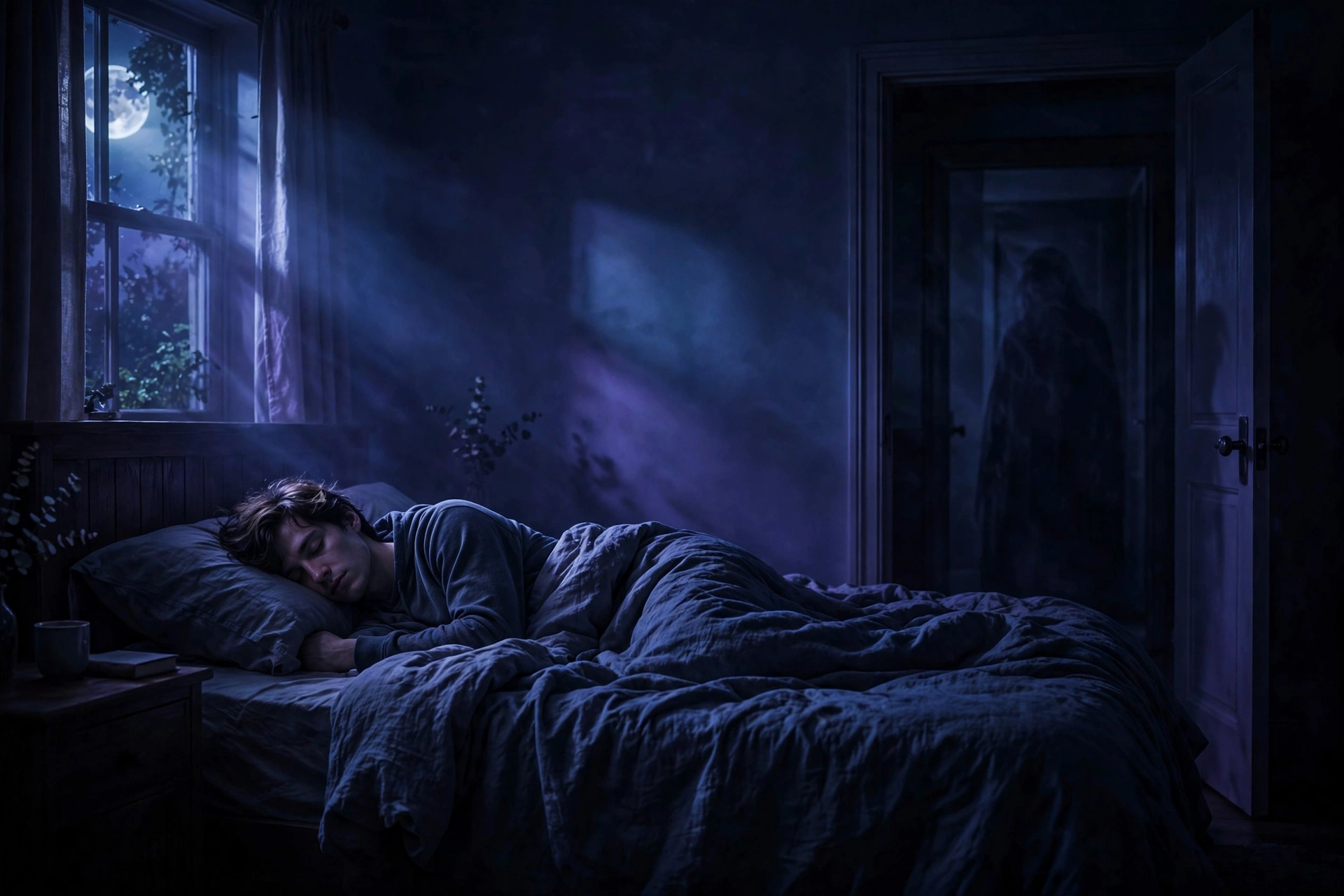 Person lying awake feeling watched while sleeping at night