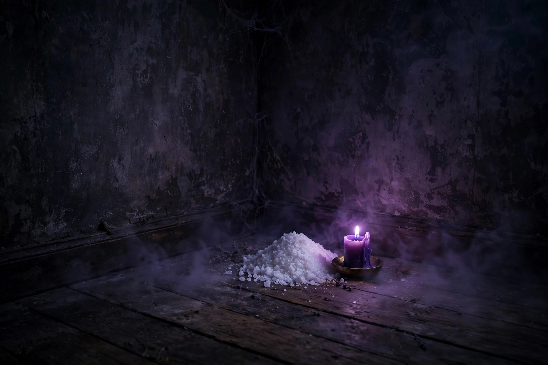 Small pile of salt in the dark corner of a room for negative energy cleansing